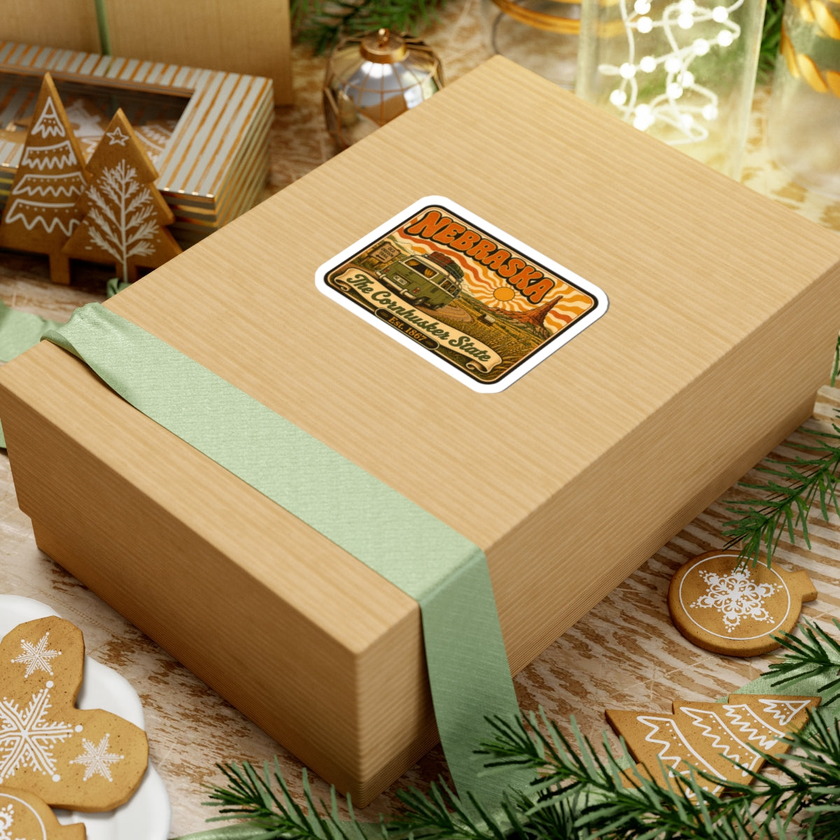Nebraska vintage van kiss-cut sticker on gift box with rounded white border