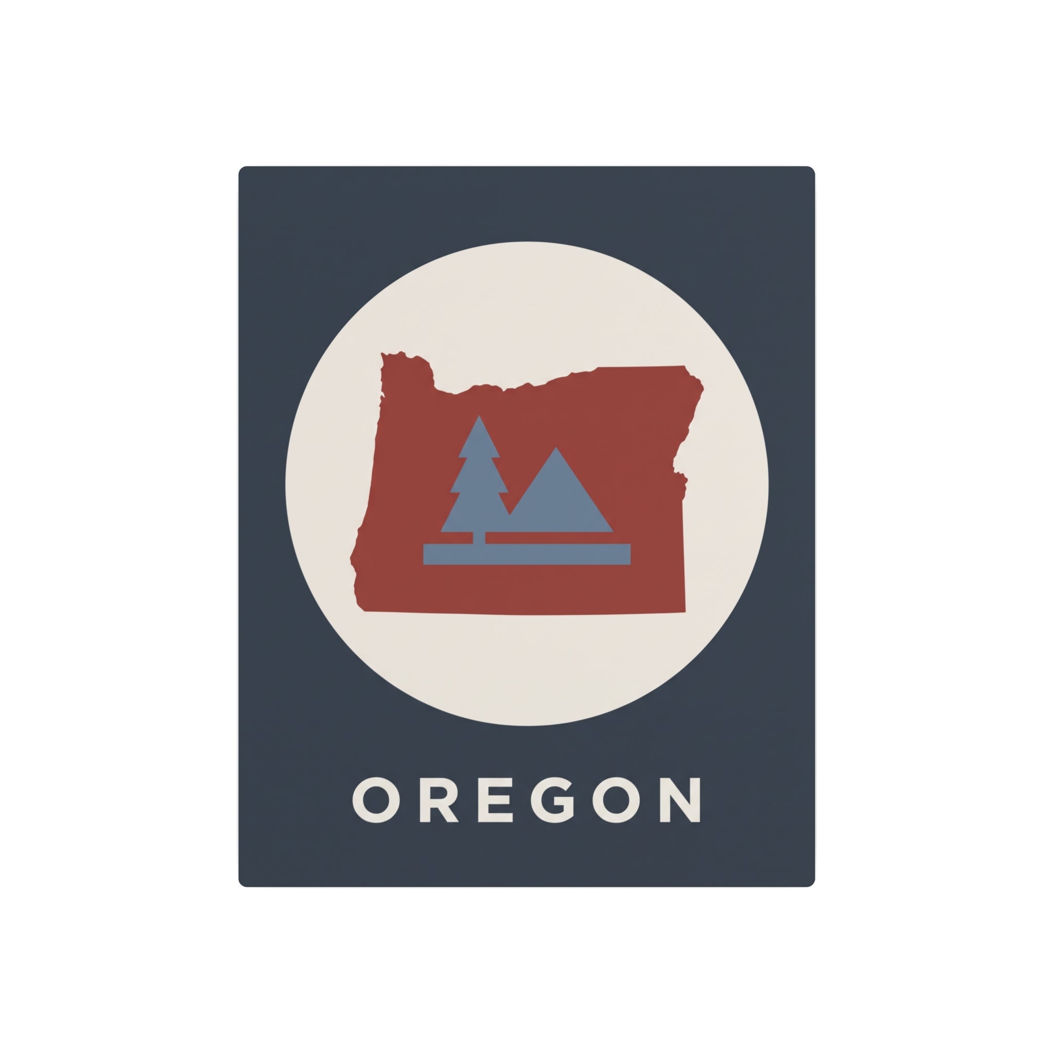 Oregon metal wall sign featuring red state silhouette, pine trees, and “OREGON” lettering