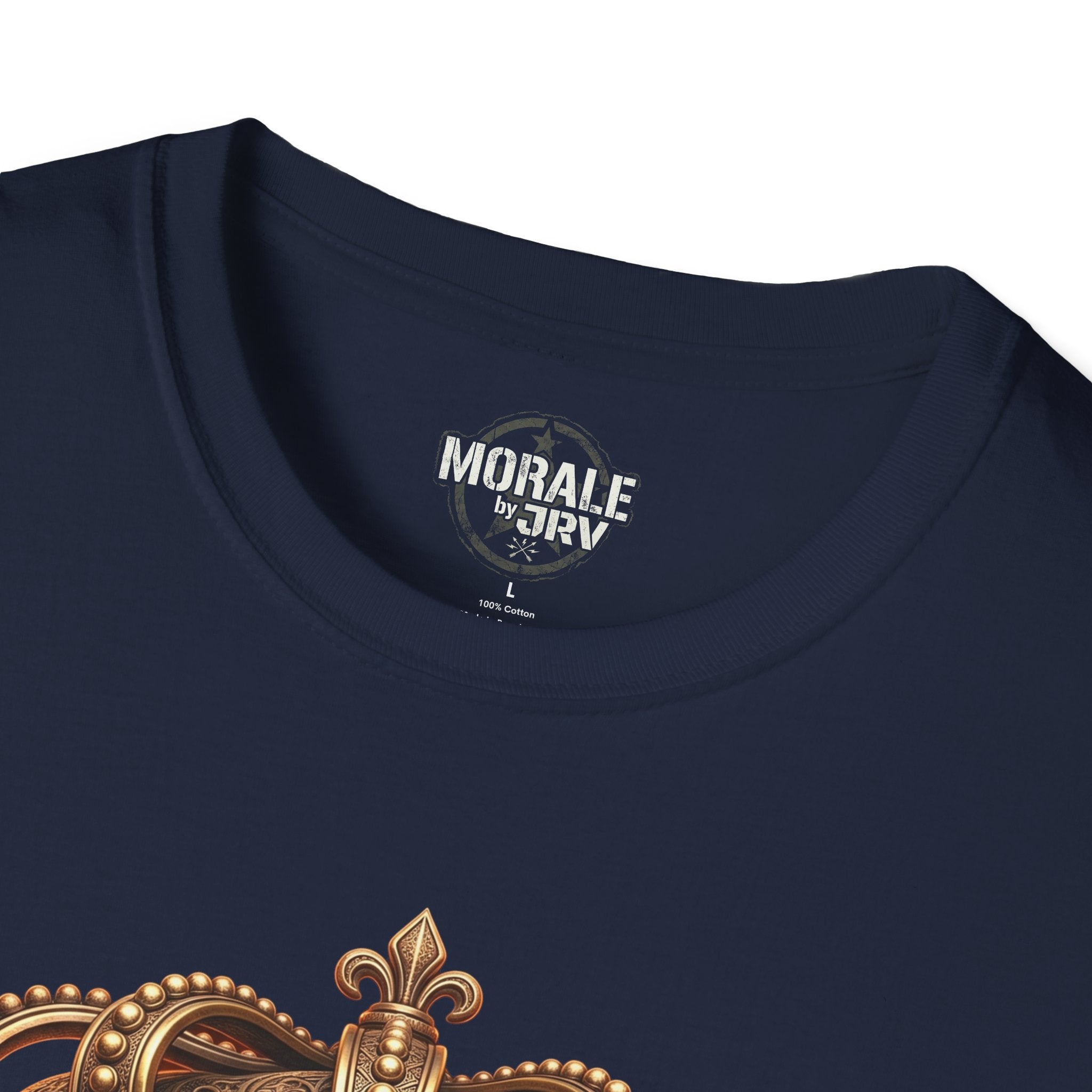 Navy T-shirt with neckline logo and partial gold crown skull print