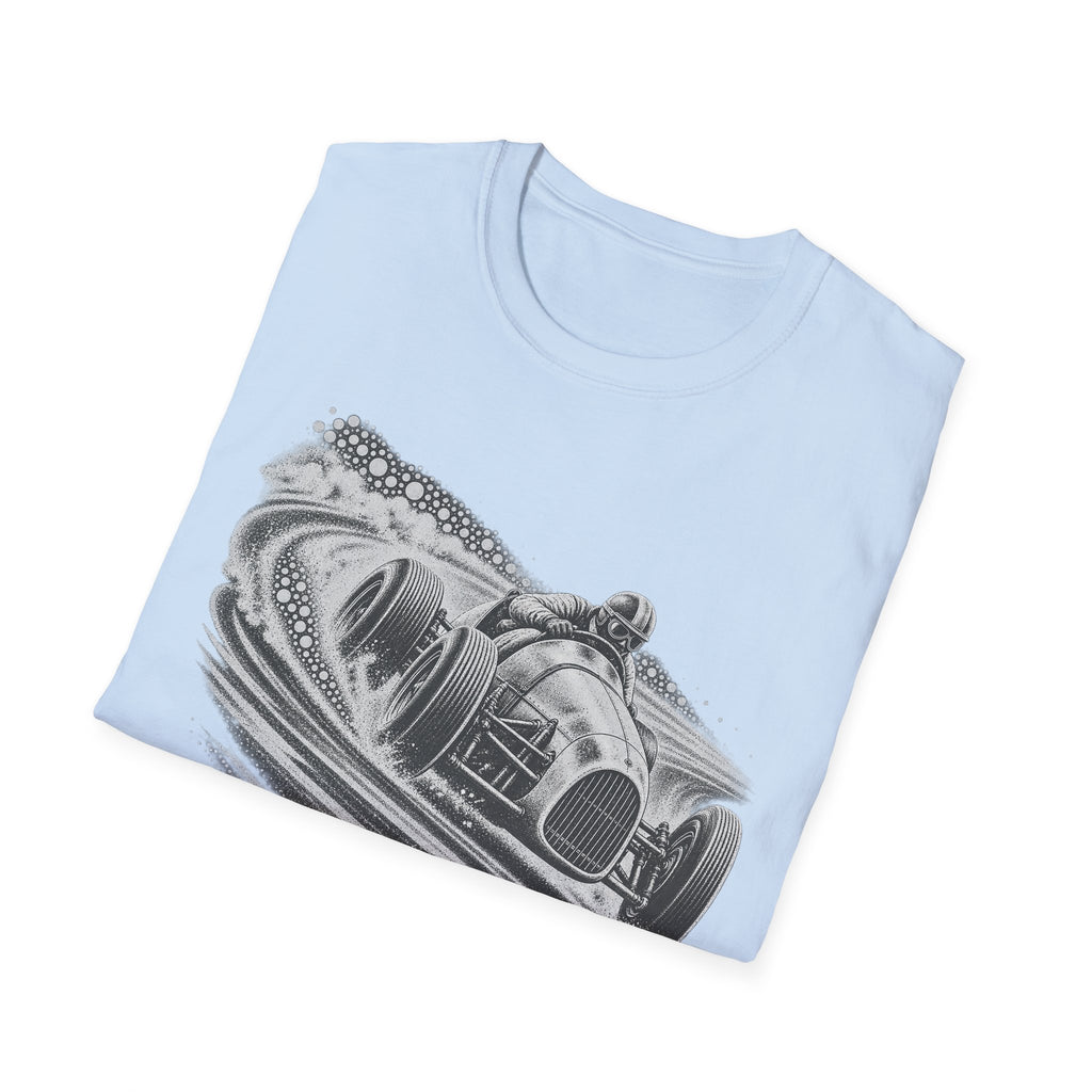 Light blue crew-neck T-shirt with vintage open-wheel race car graphic print in gray