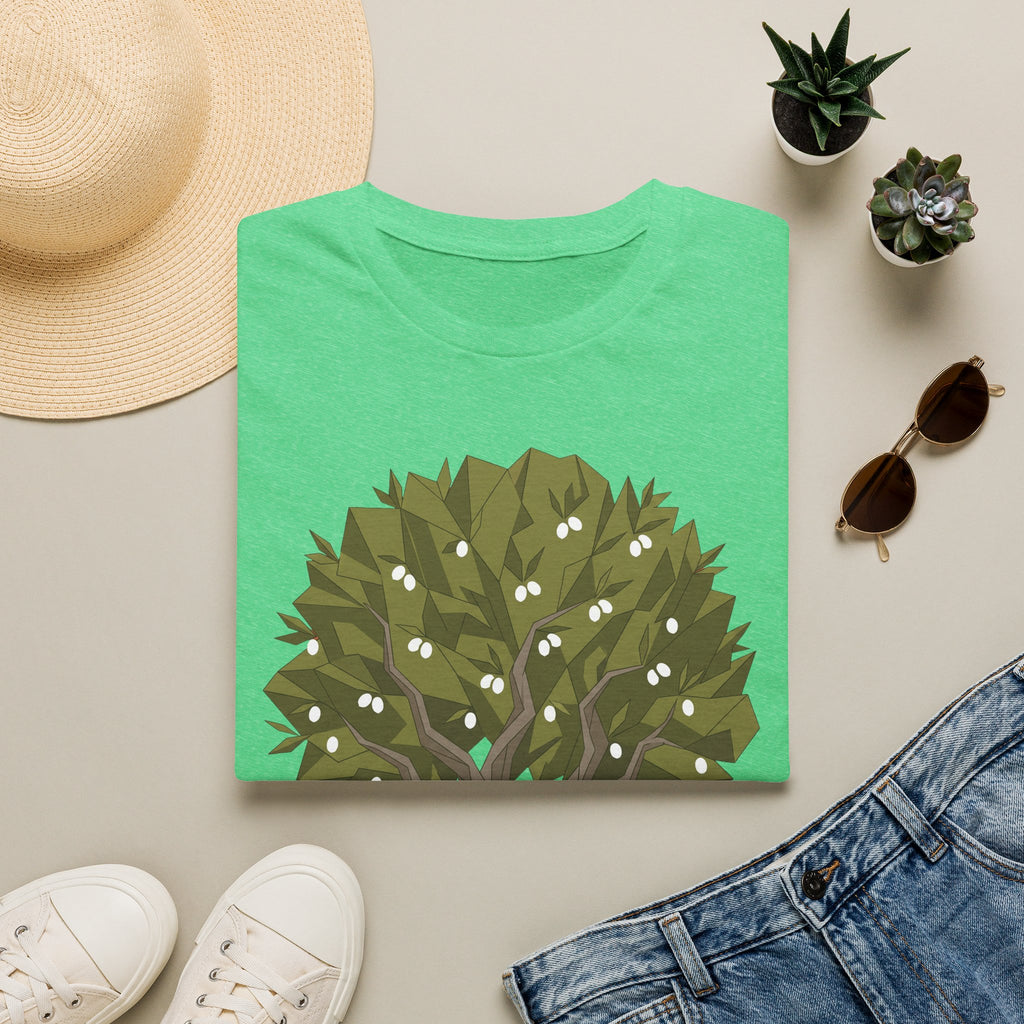 Bright green olive tree graphic t-shirt with twisted branches and white blossoms