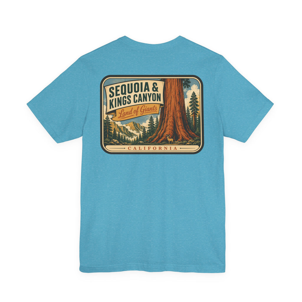 Light blue crew-neck T-shirt with Sequoia & Kings Canyon rectangle front graphic