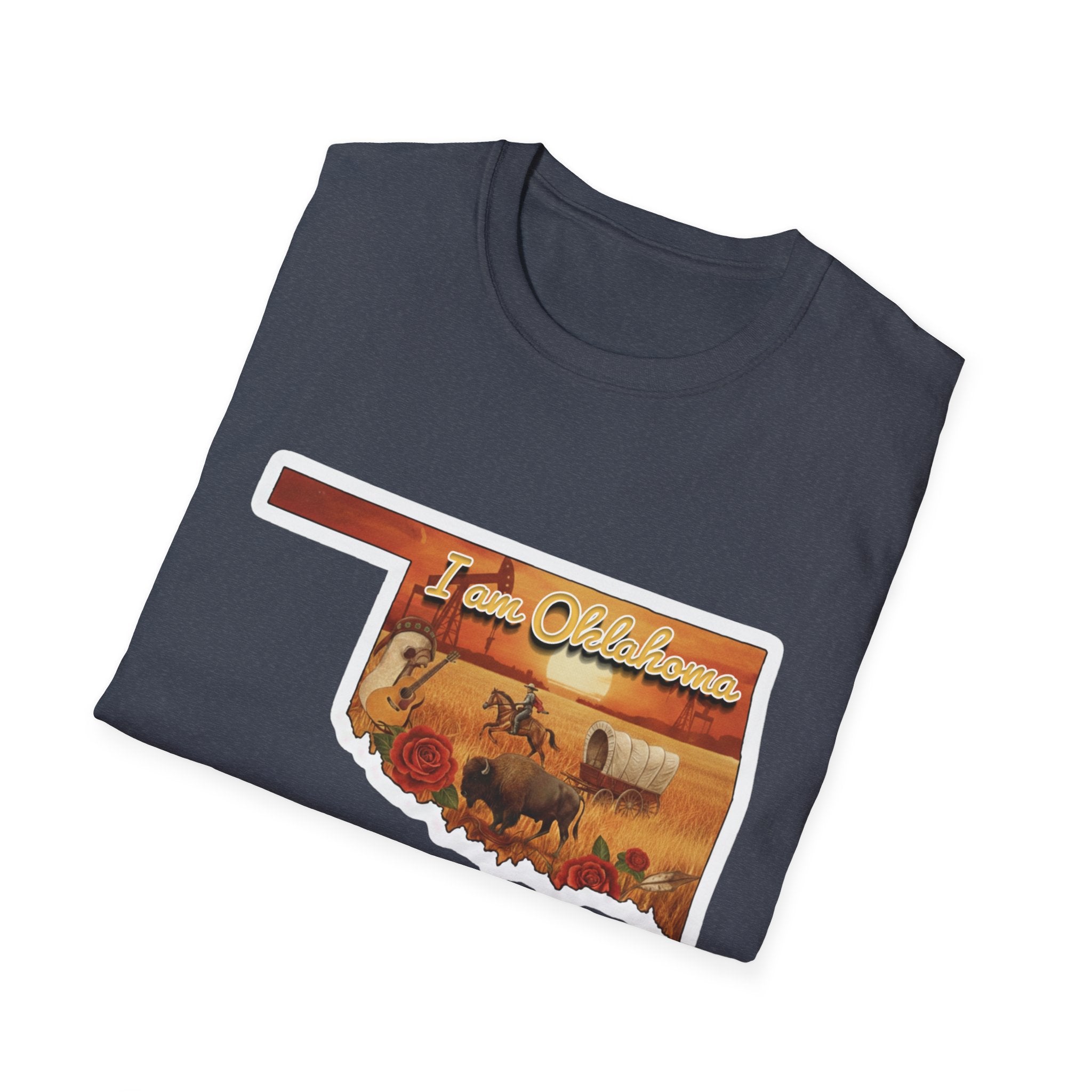 Heather navy T-shirt with cowboy rodeo scene "I am Oklahoma" print