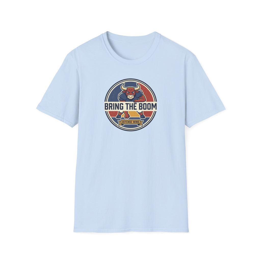 Light blue crew-neck T-shirt with round bull mascot graphic on the chest