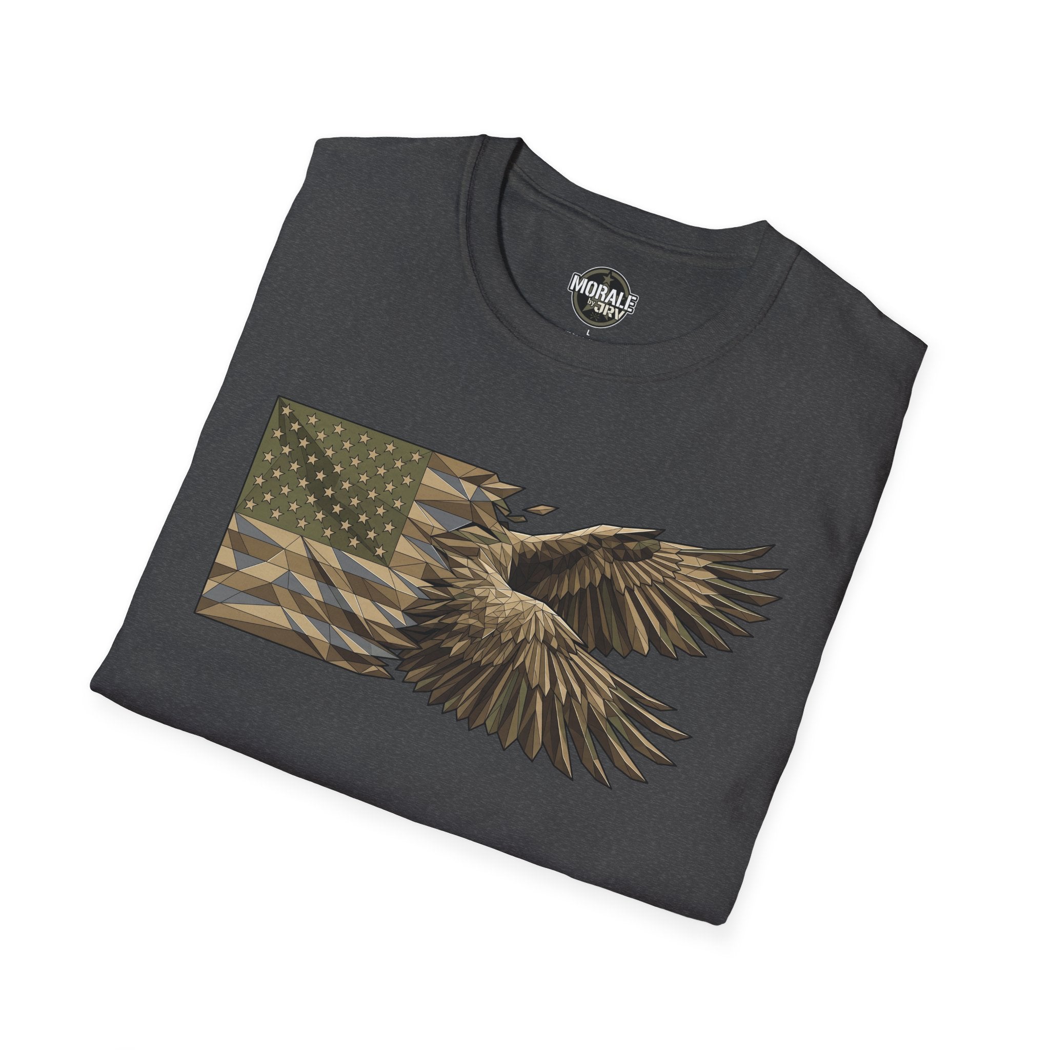 Dark gray T-shirt with geometric American flag and bald eagle graphic