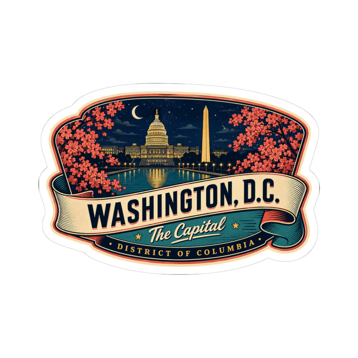 Luggage tag sticker showing Washington D.C. landmarks with pink blossoms and The Capitol text