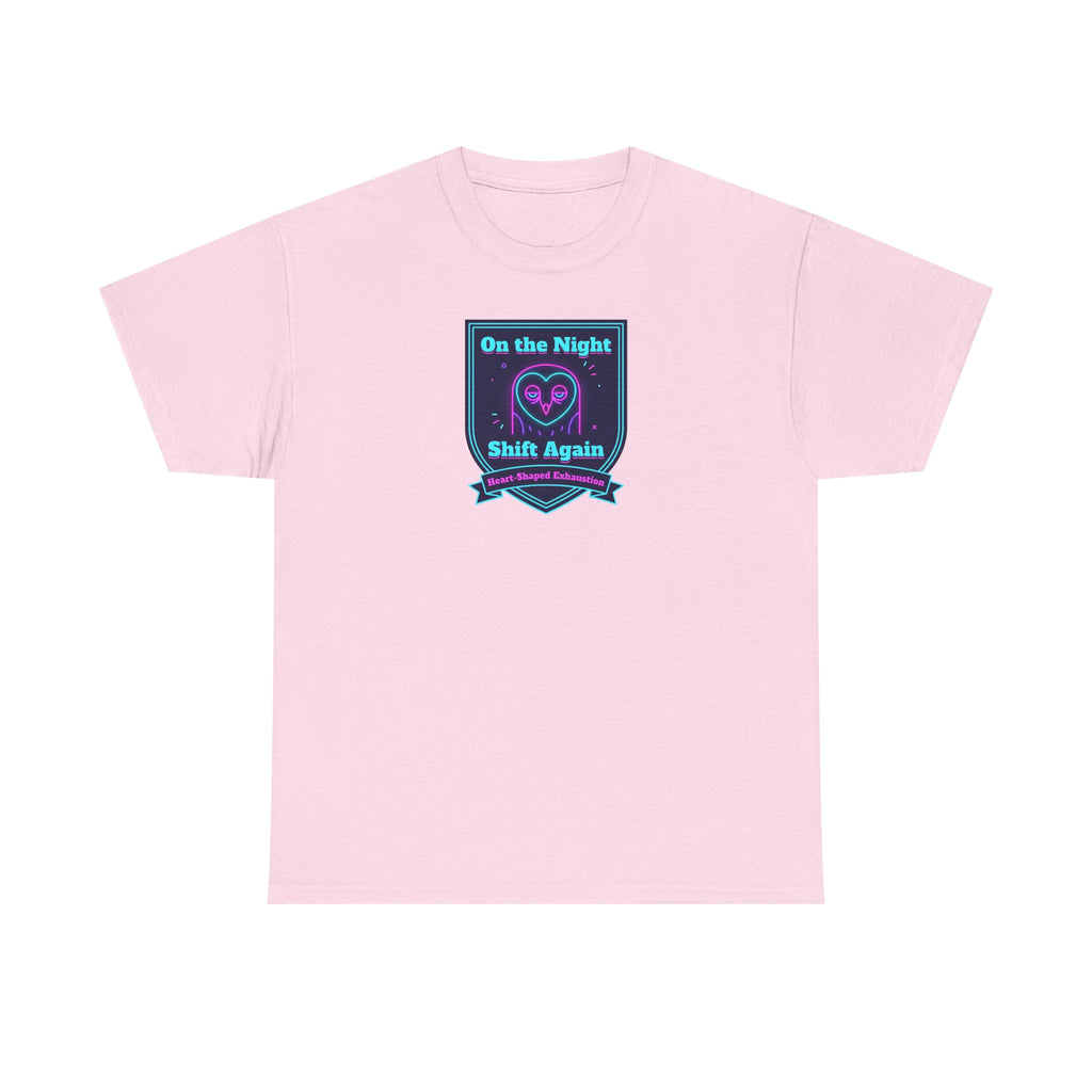 Light pink crew-neck T-shirt with night shift slogan graphic on chest