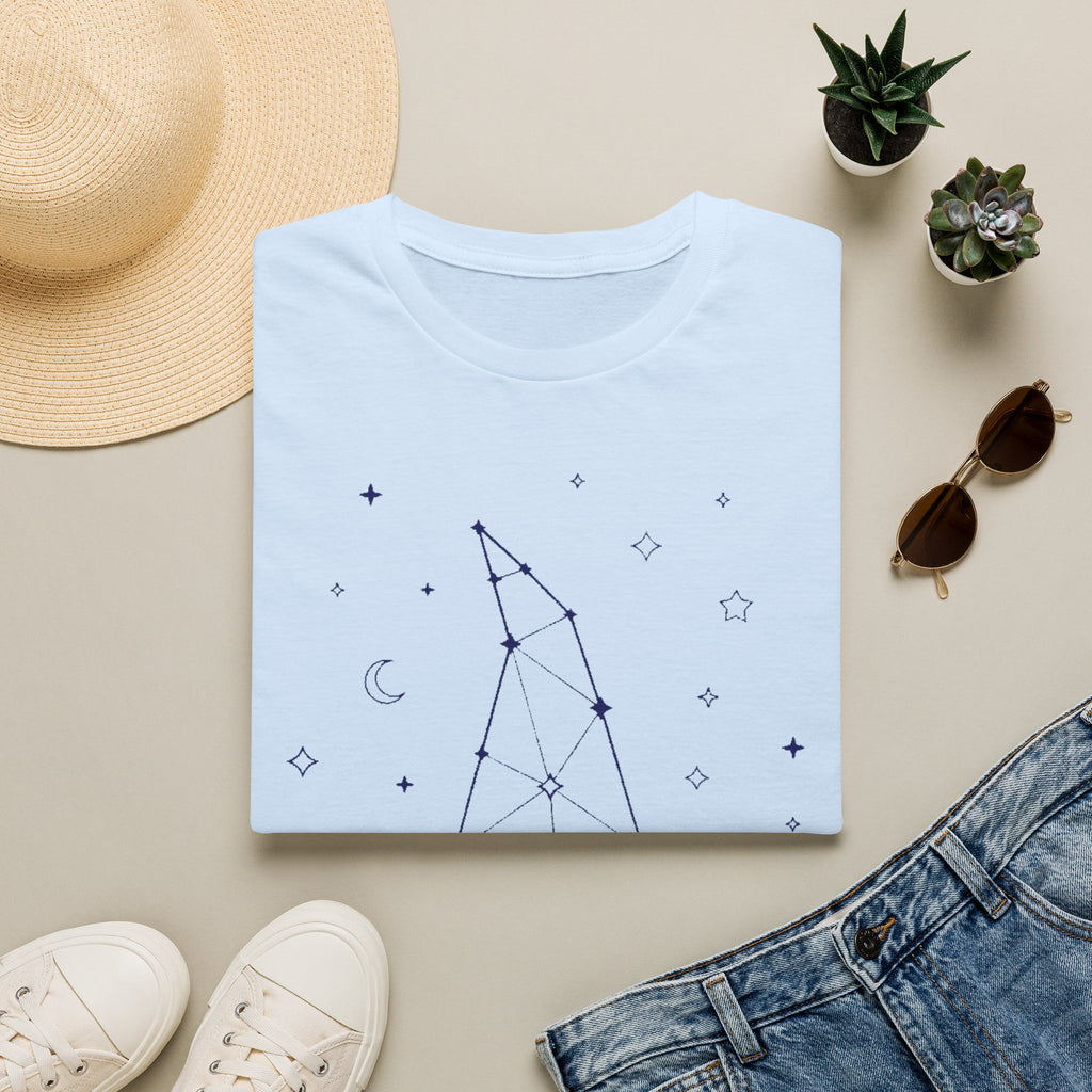 Light blue witch constellation graphic T-shirt with star and moon symbols