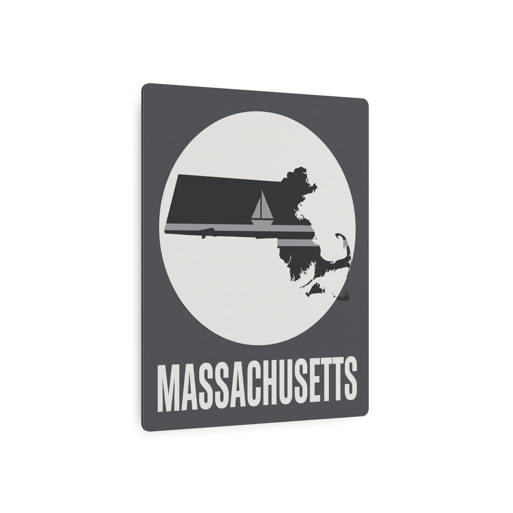 Square dark metal Massachusetts sailboat wall sign with white circular emblem