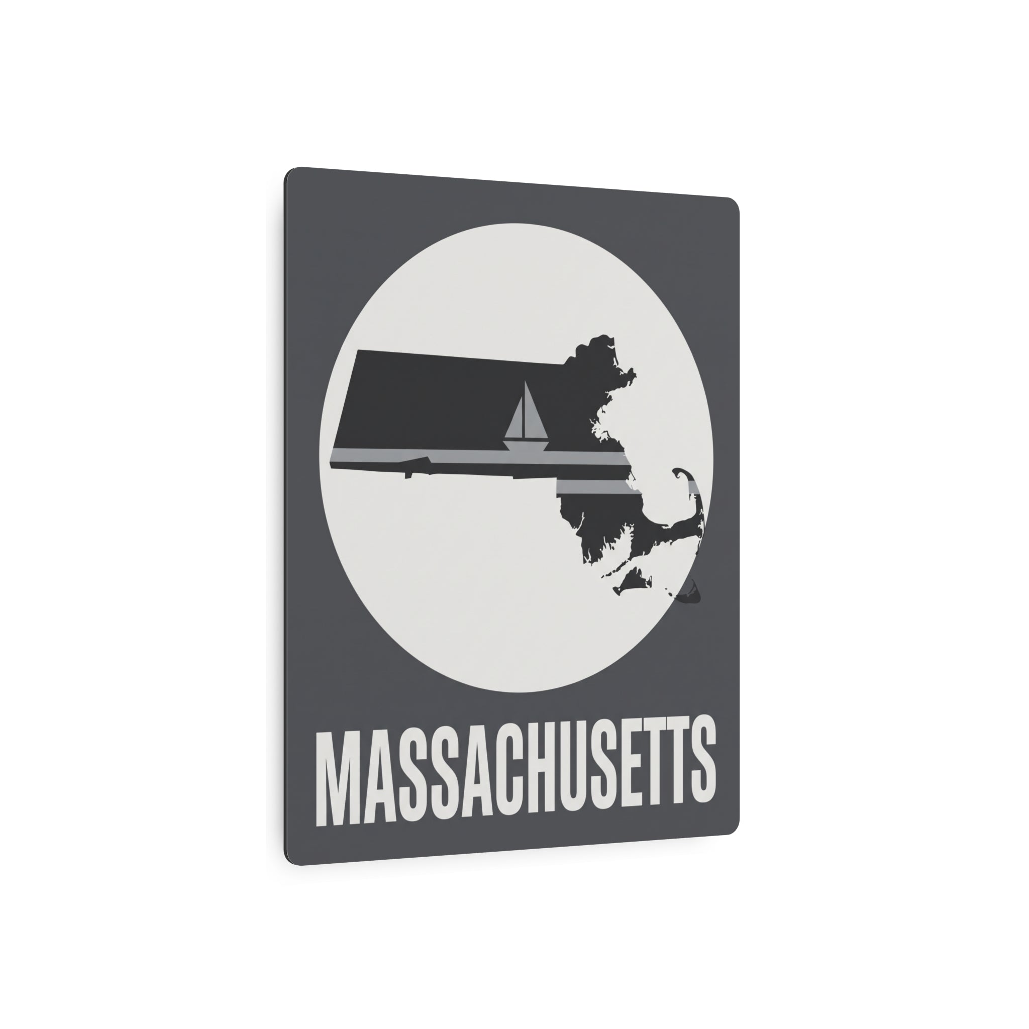 Square dark metal Massachusetts sailboat wall sign with white circular emblem