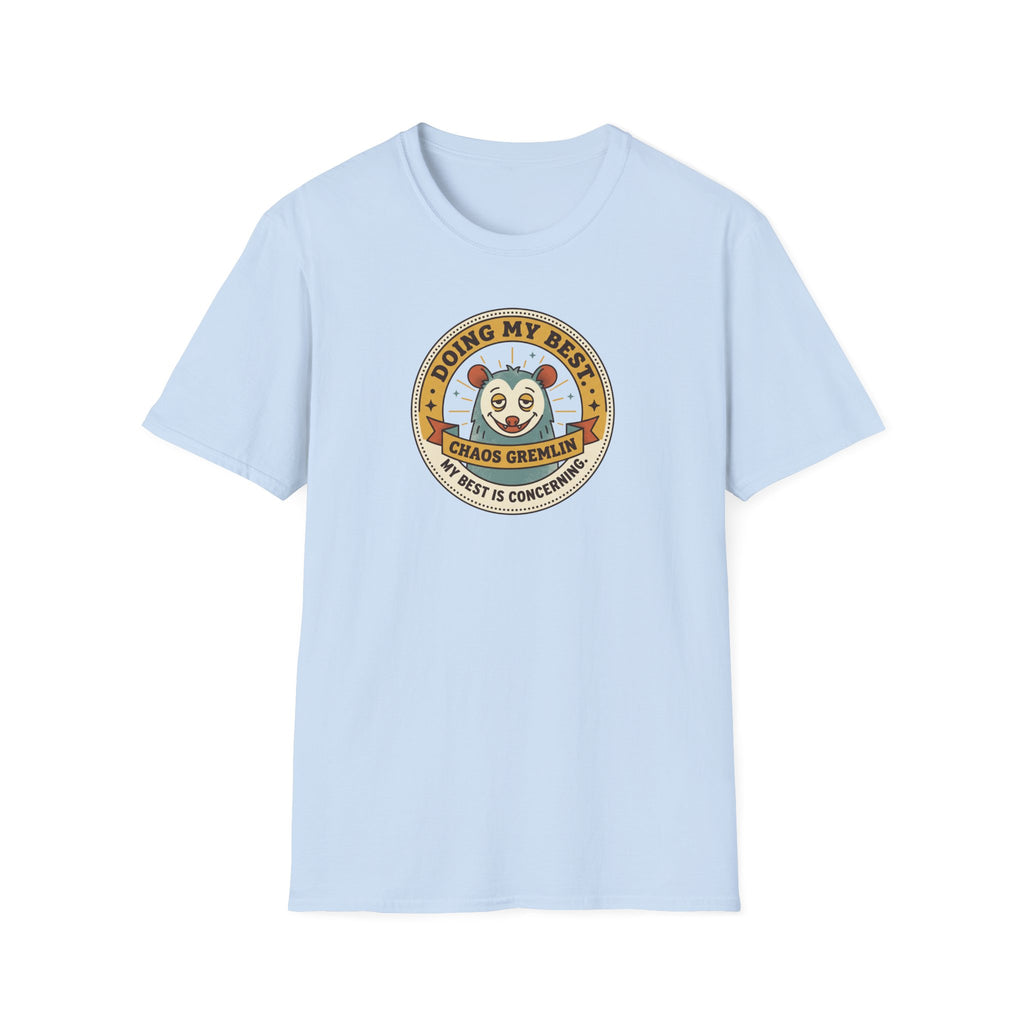 Light blue crewneck t-shirt with circular chaos gremlin logo graphic on front
