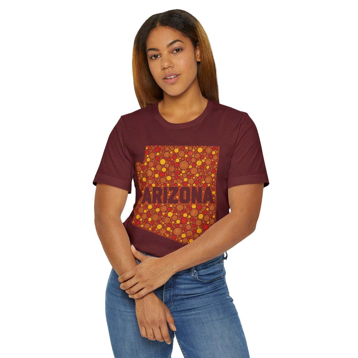 Burgundy T-shirt with orange patterned Arizona graphic worn by model