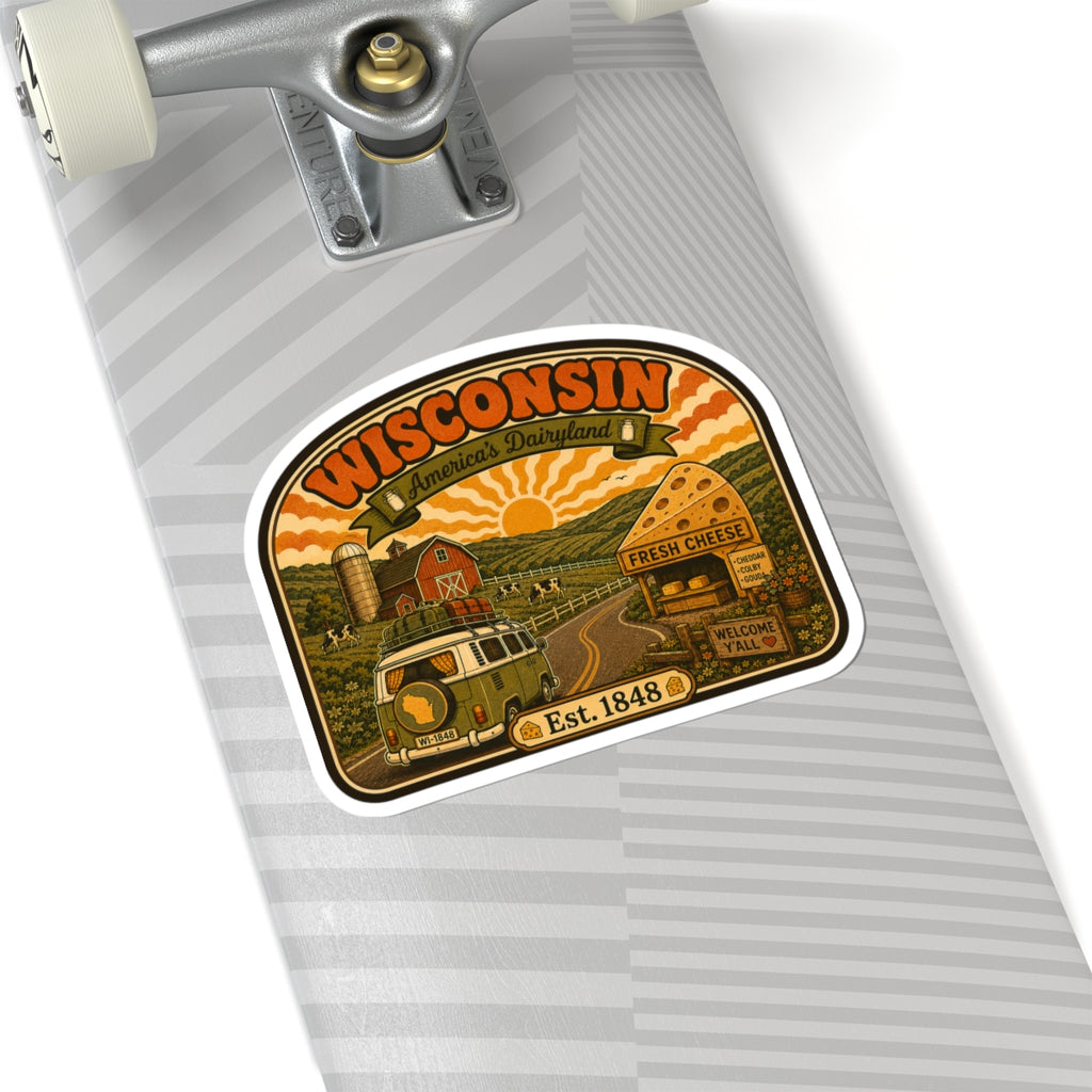 Rounded Wisconsin dairyland sticker with farm road and cheese shop, Est. 1848