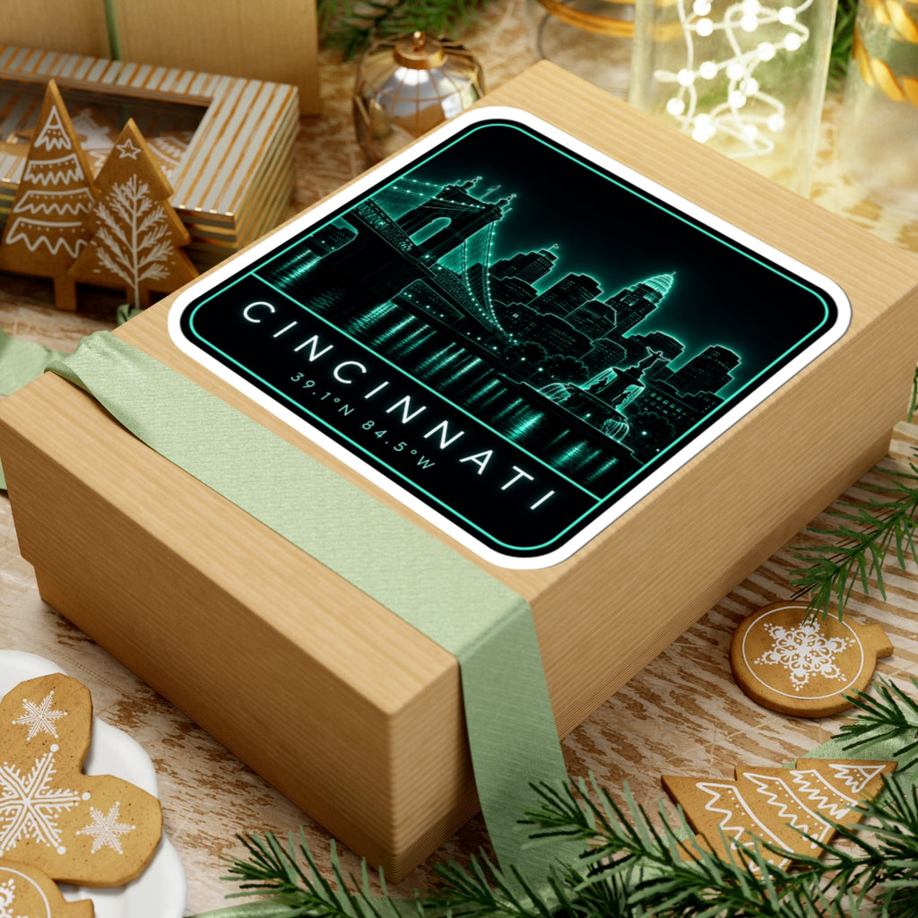 Neon skyline vinyl sticker with teal bridge, fountain, and CINCINNATI coordinates