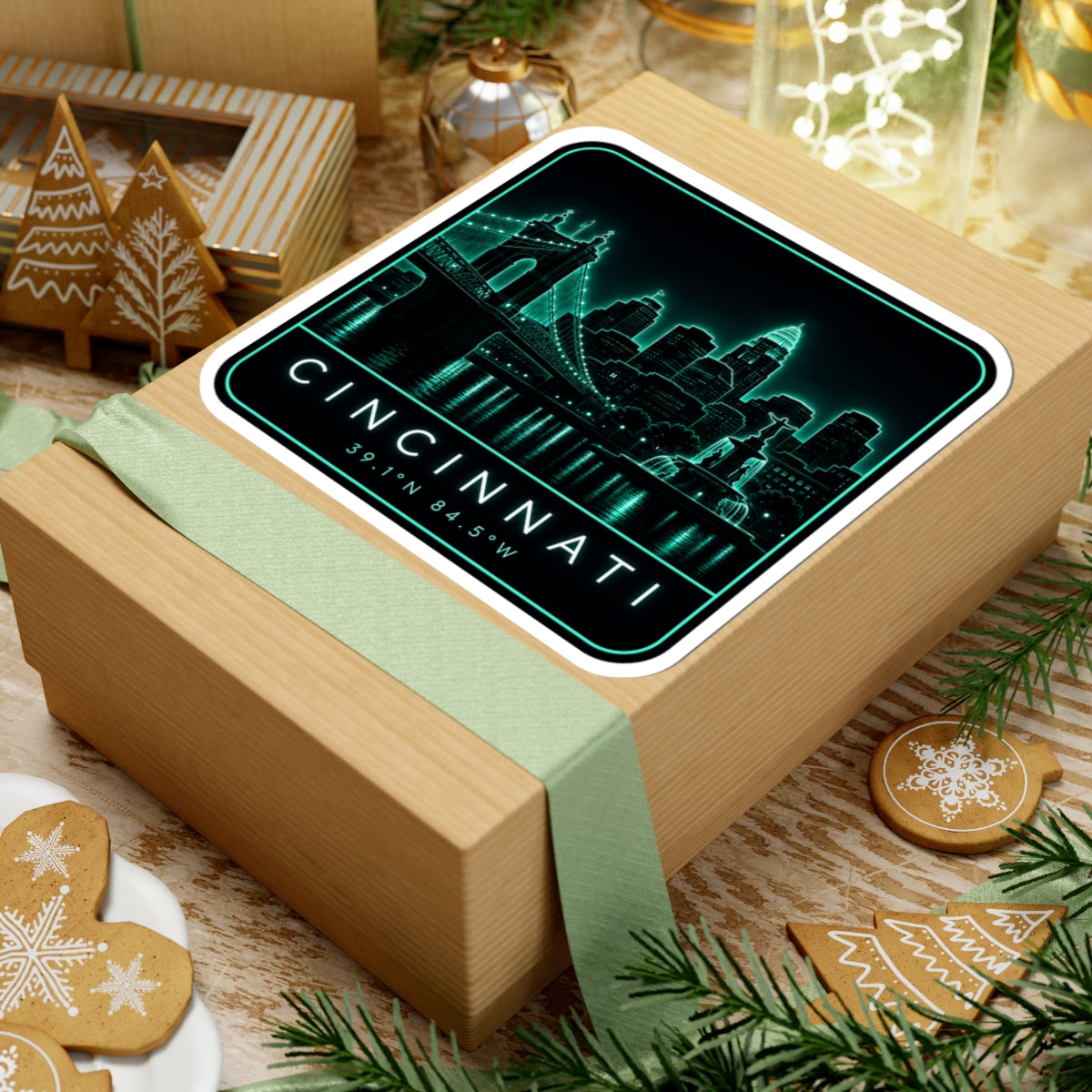 Neon skyline vinyl sticker with teal bridge, fountain, and CINCINNATI coordinates