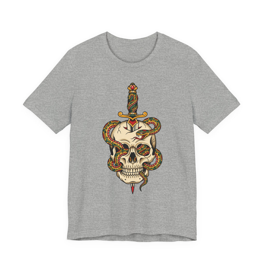 Heather gray unisex T-shirt with snake skull and dagger front graphic
