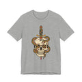 Heather gray unisex T-shirt with snake skull and dagger front graphic