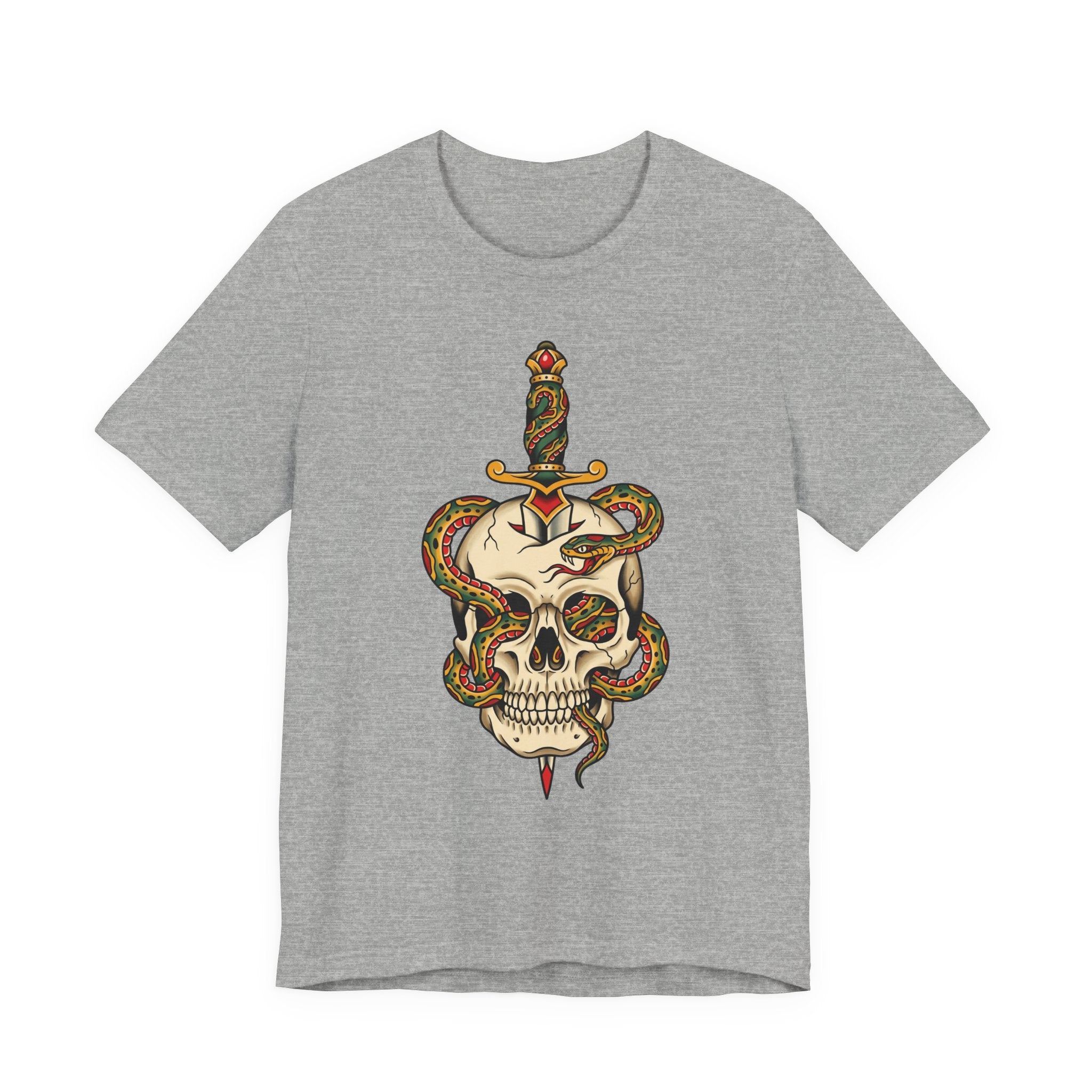 Heather gray unisex T-shirt with snake skull and dagger front graphic
