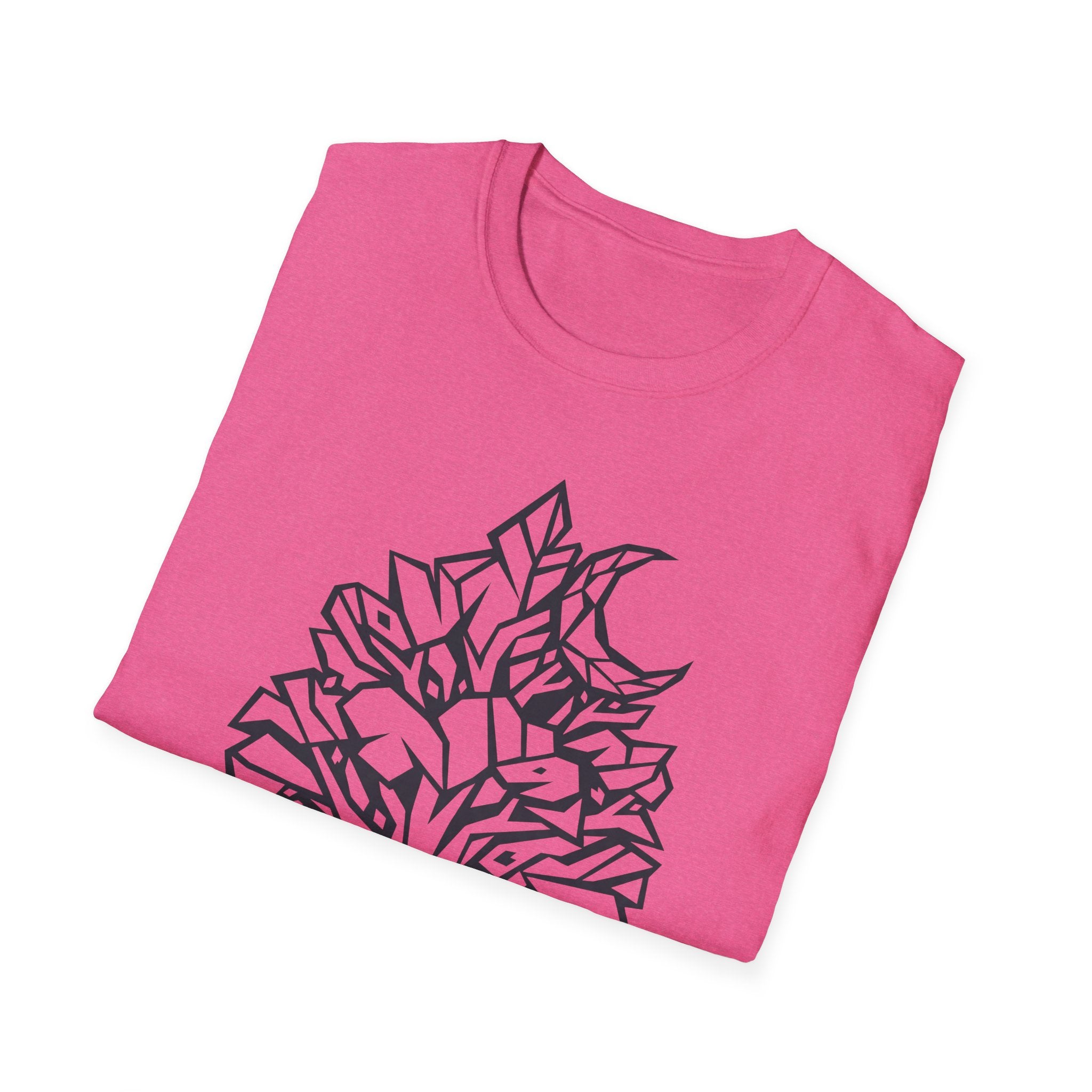 Pink T-shirt with geometric tree and moon botanical line-art graphic print