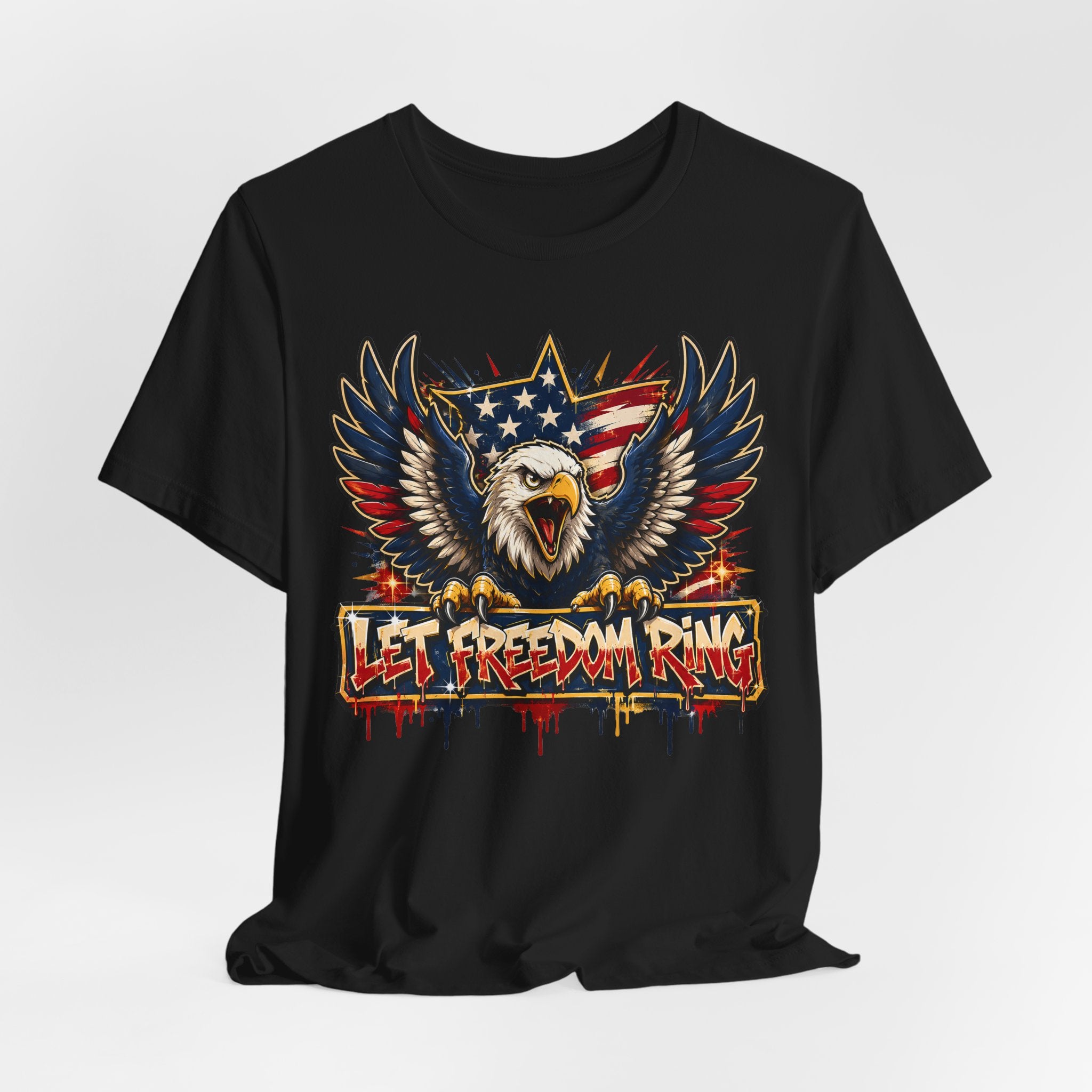 Black graphic T-shirt with bald eagle wings and banner reading Let Freedom Ring