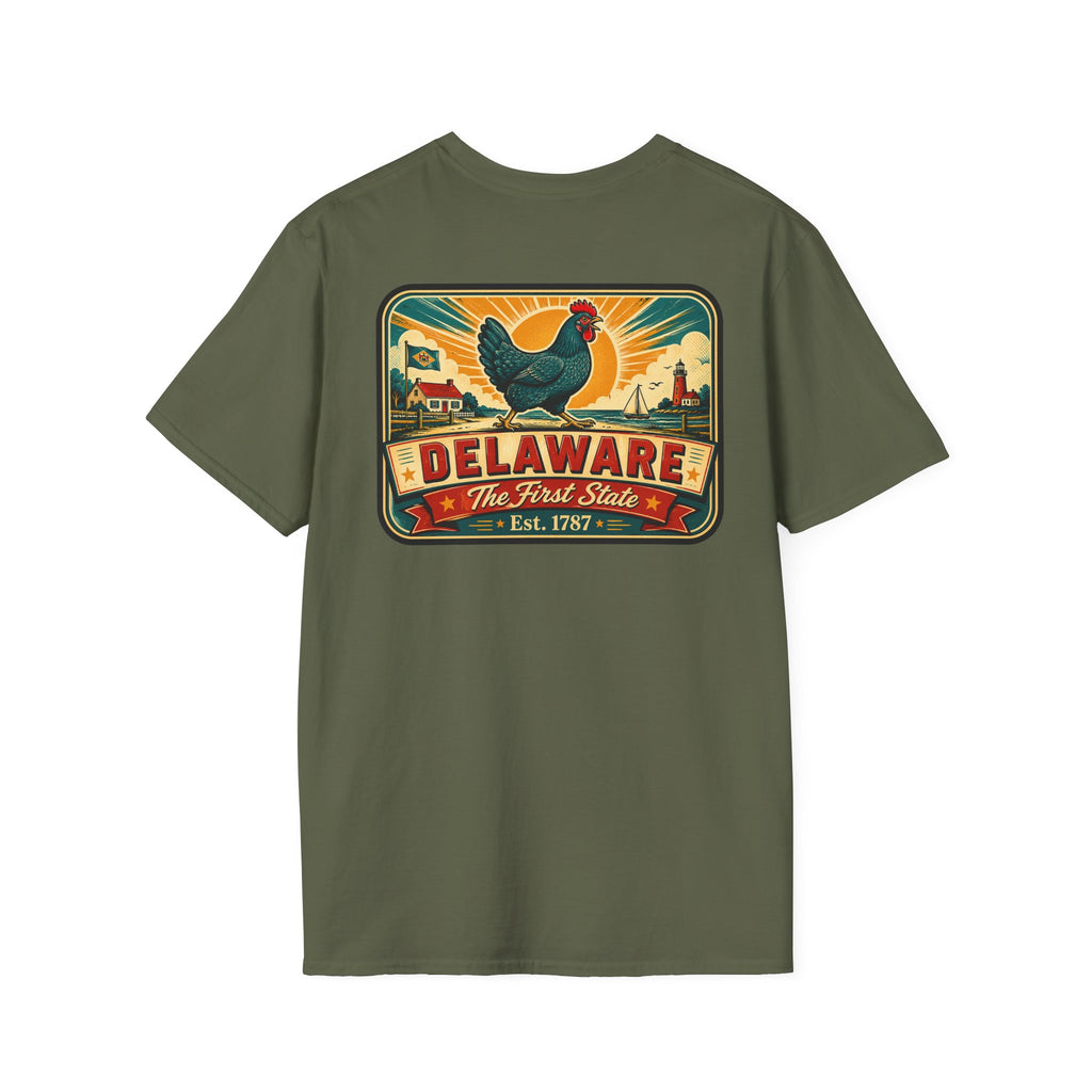 Olive green Delaware travel badge T-shirt with colorful hen and “Delaware” front graphic