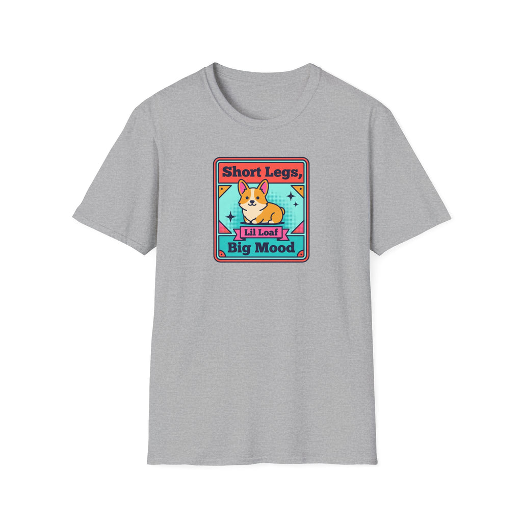 Light gray short-sleeve T-shirt with centered corgi graphic patch print