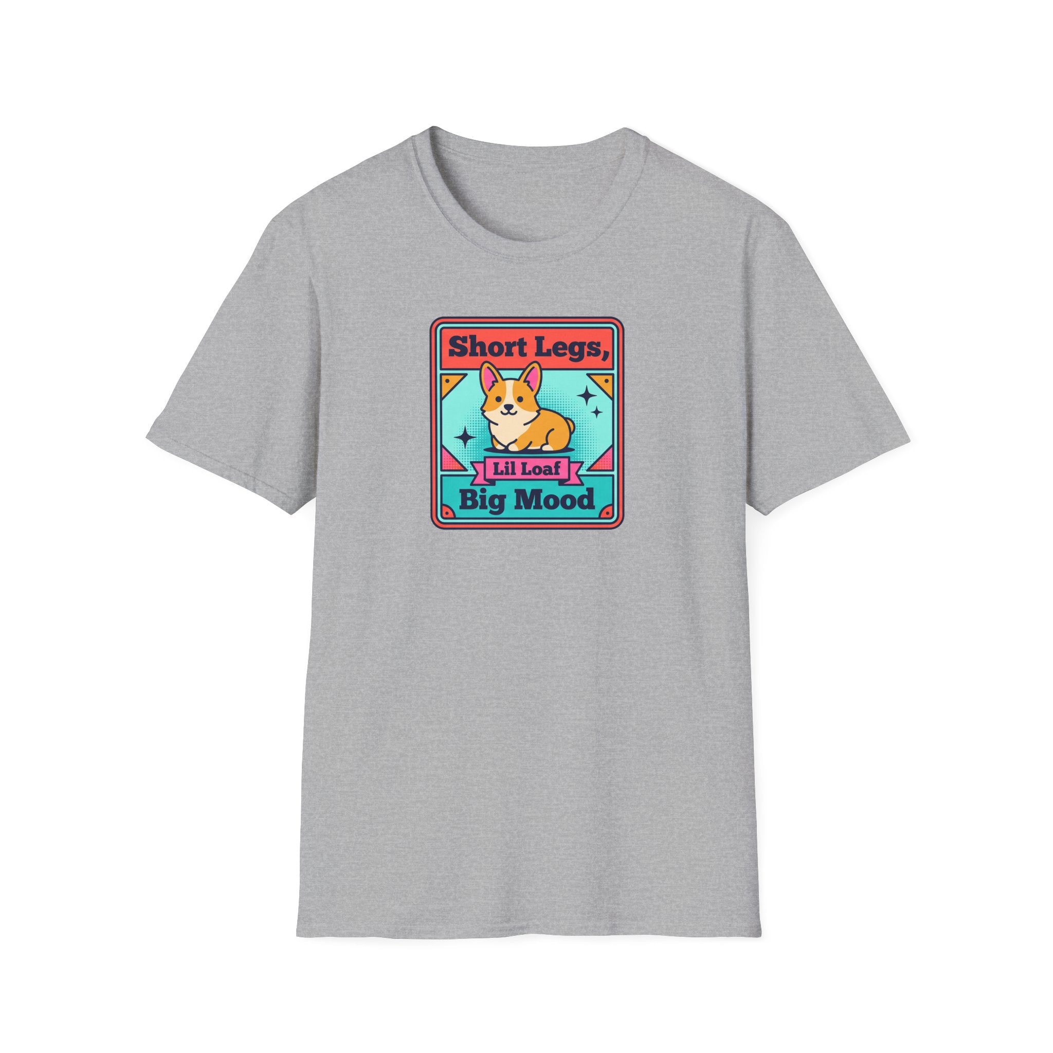 Light gray short-sleeve T-shirt with centered corgi graphic patch print