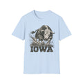 Light blue crewneck t-shirt with charging bull and Iowa graphic print on front