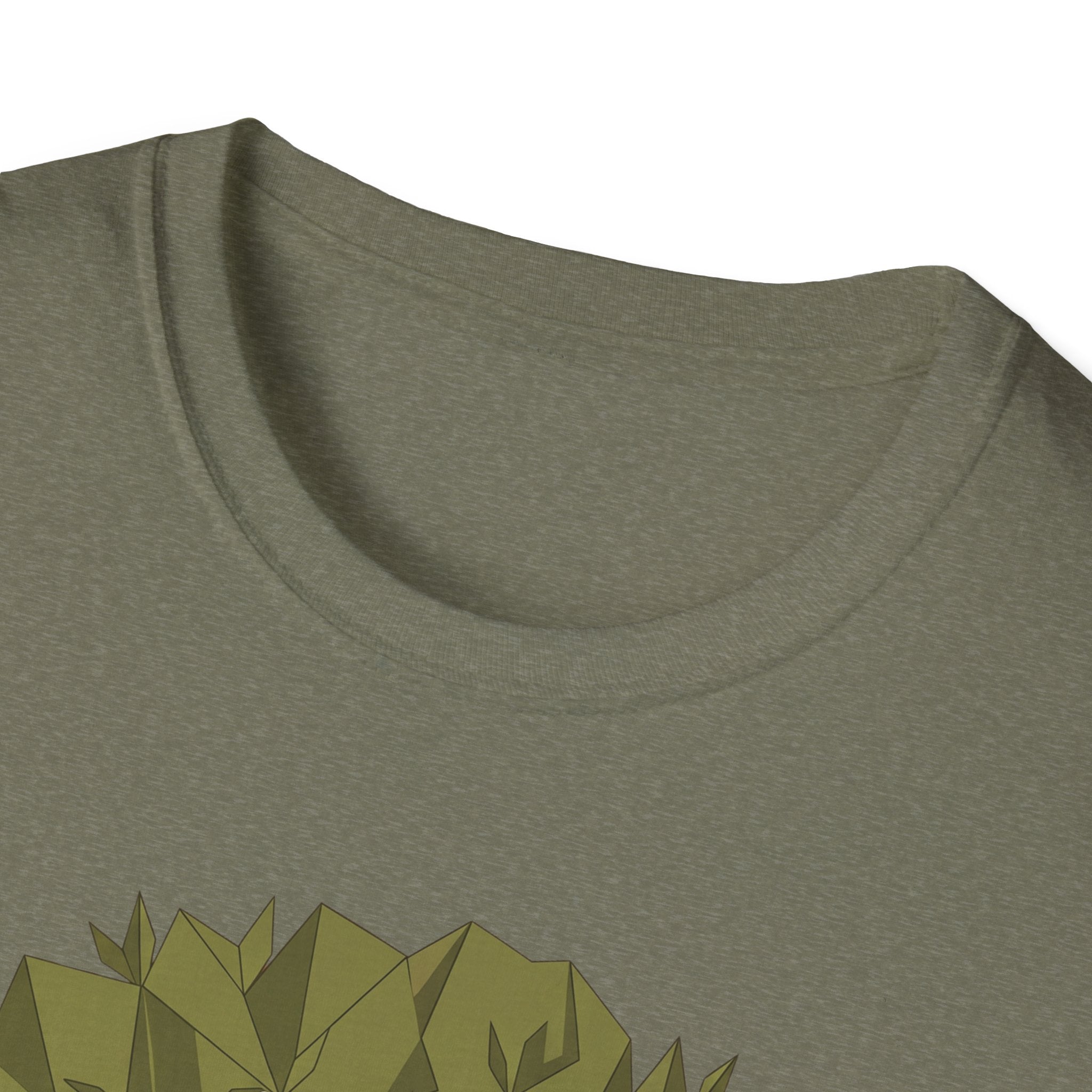 Olive green T-shirt neckline with close-up of the twisted olive tree graphic