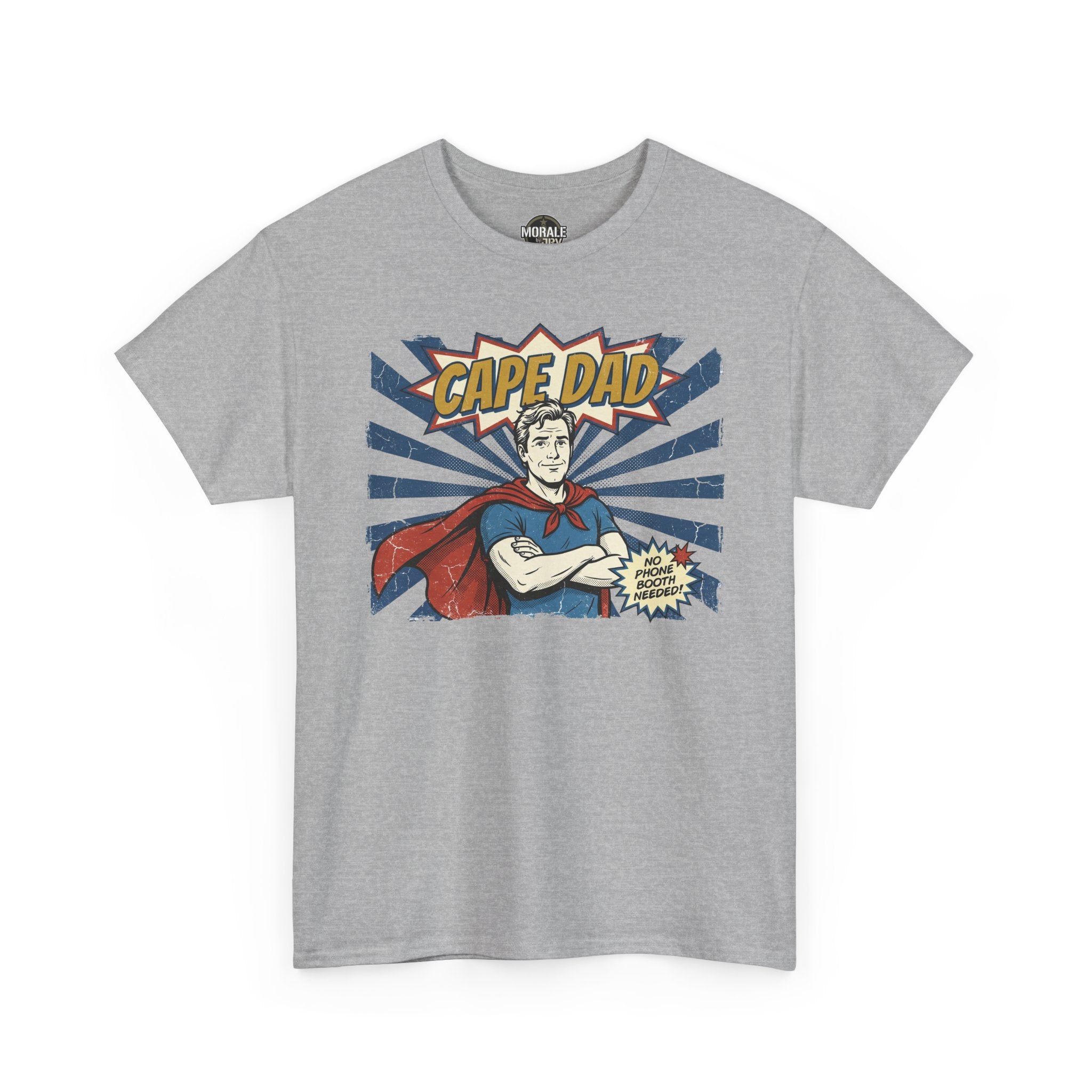 Sport grey Cape Dad superhero T-shirt with retro comic front print