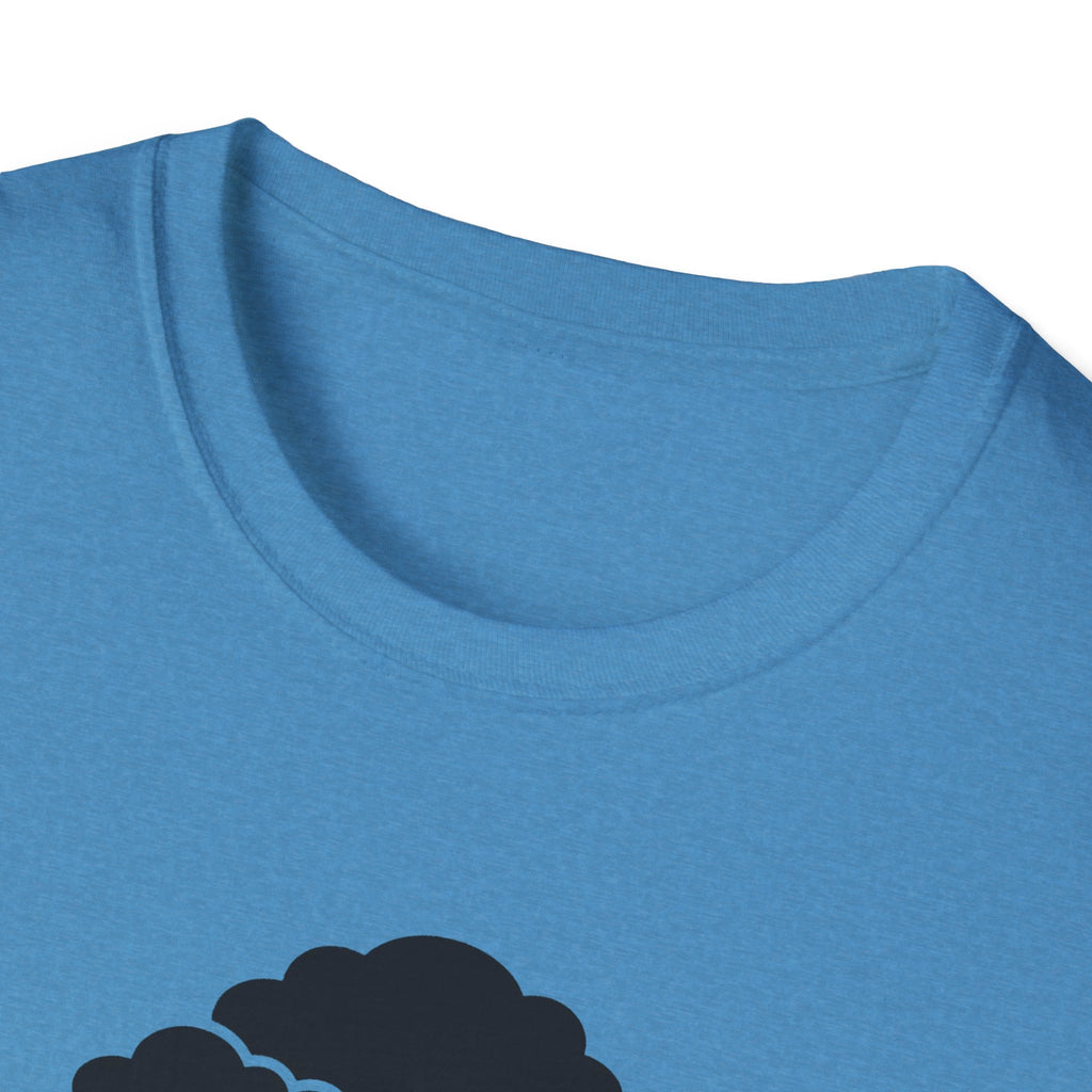 Blue t-shirt, crew neck; partial bonsai tree silhouette print at lower chest