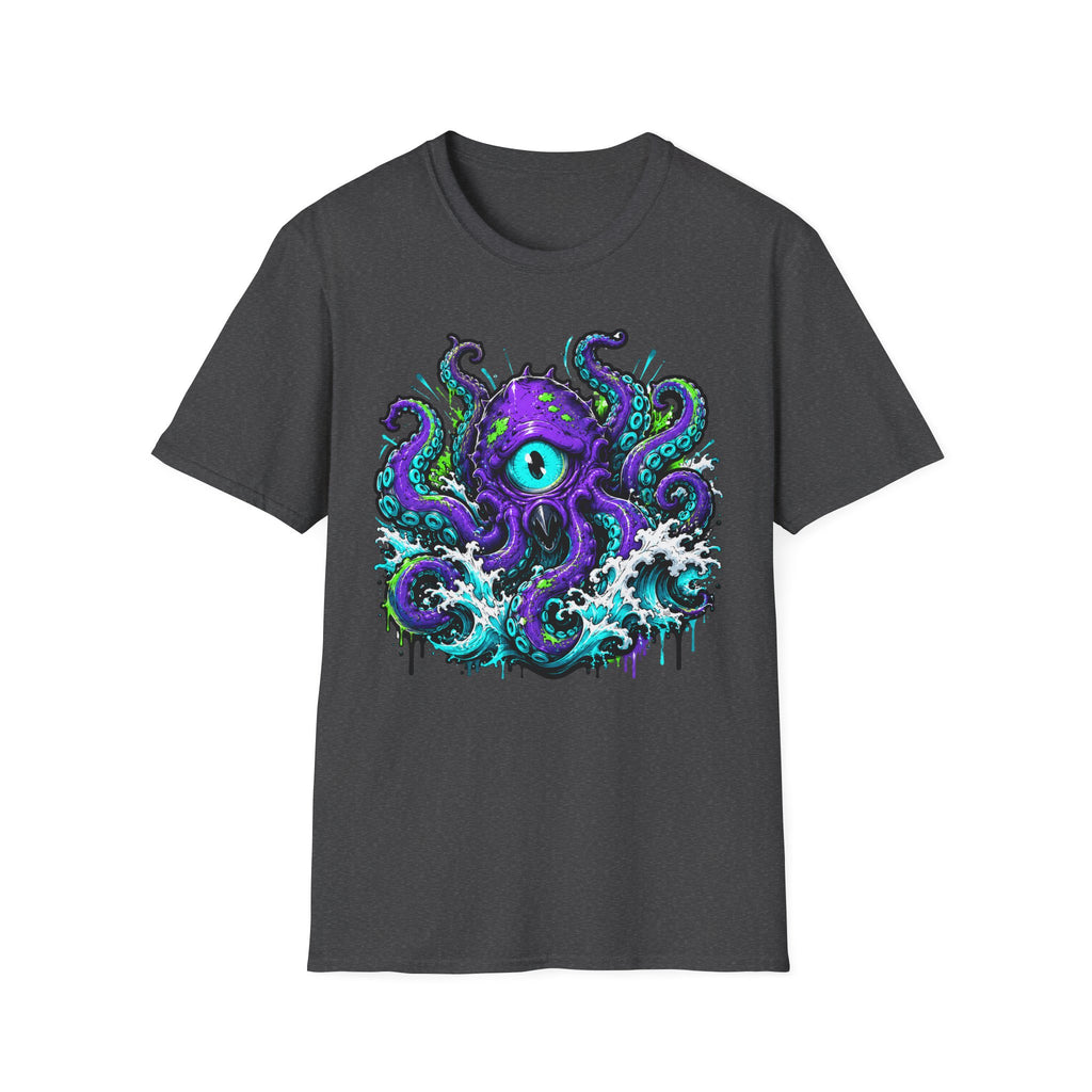 Dark heather graphic octopus monster T-shirt with purple eye tentacle design