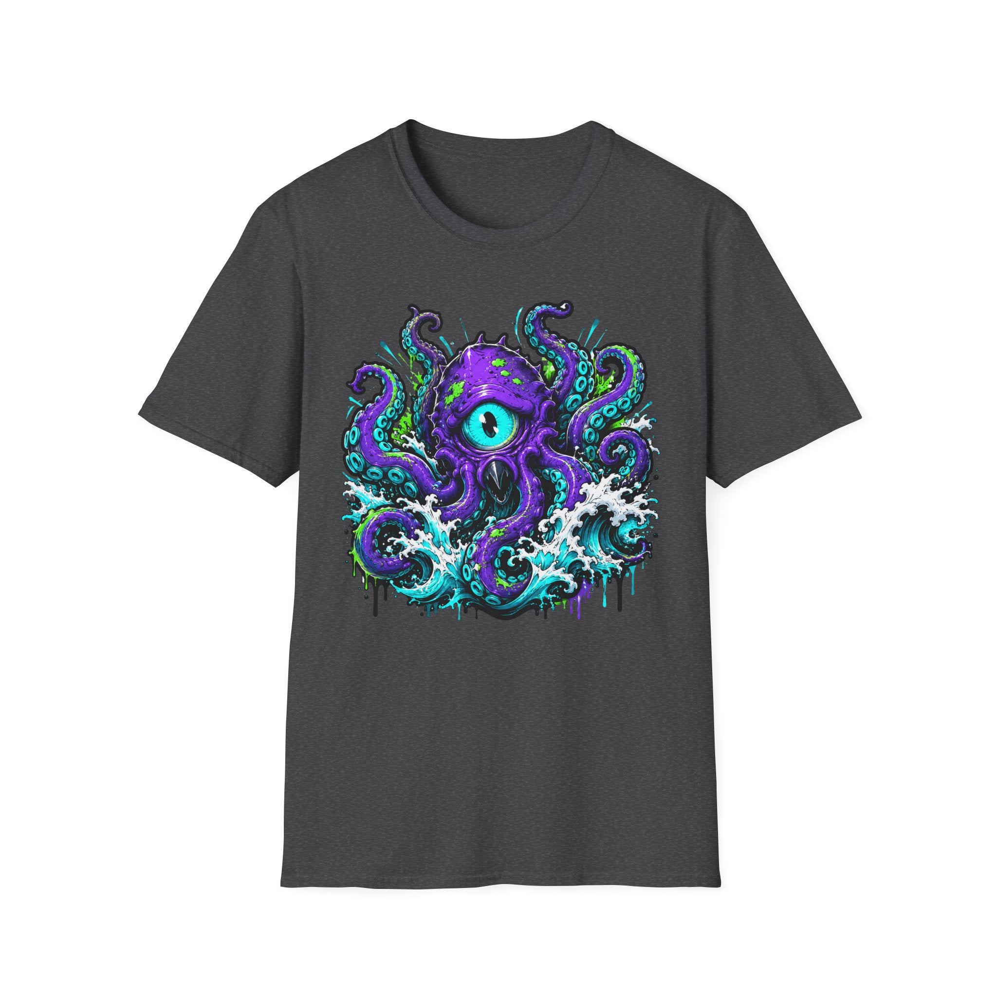 Dark heather graphic octopus monster T-shirt with purple eye tentacle design