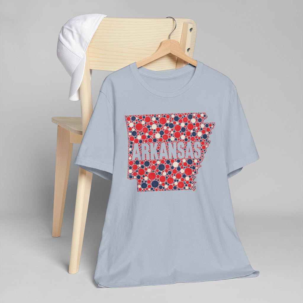 Light blue crewneck t-shirt with red, blue, white Arkansas graphic on chest