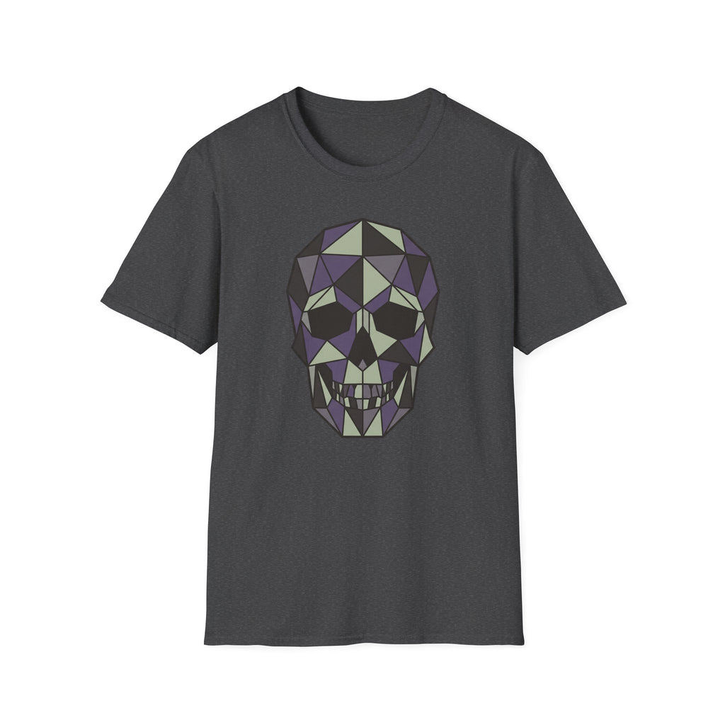 Charcoal T-shirt with purple geometric skull graphic on front