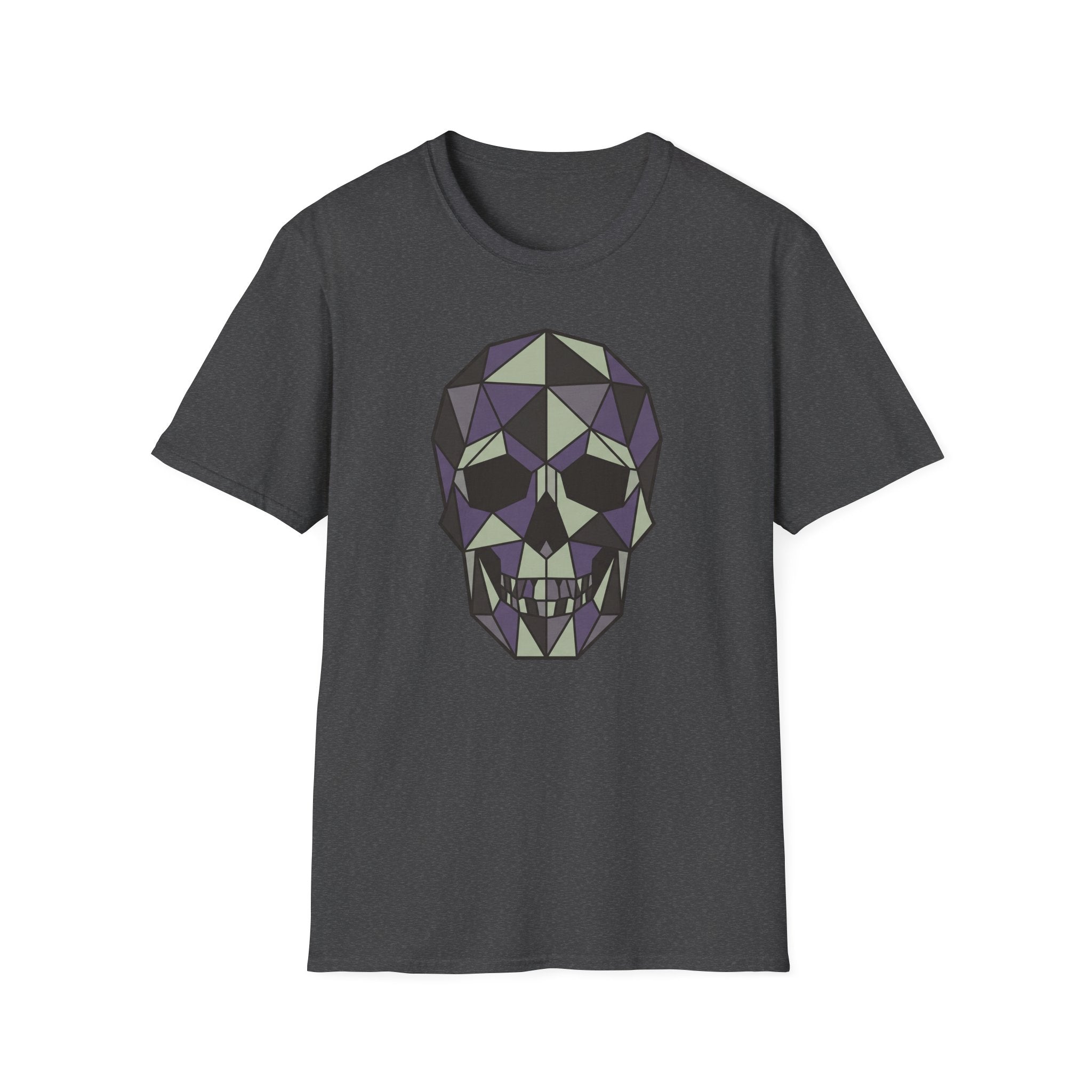 Charcoal T-shirt with purple geometric skull graphic on front