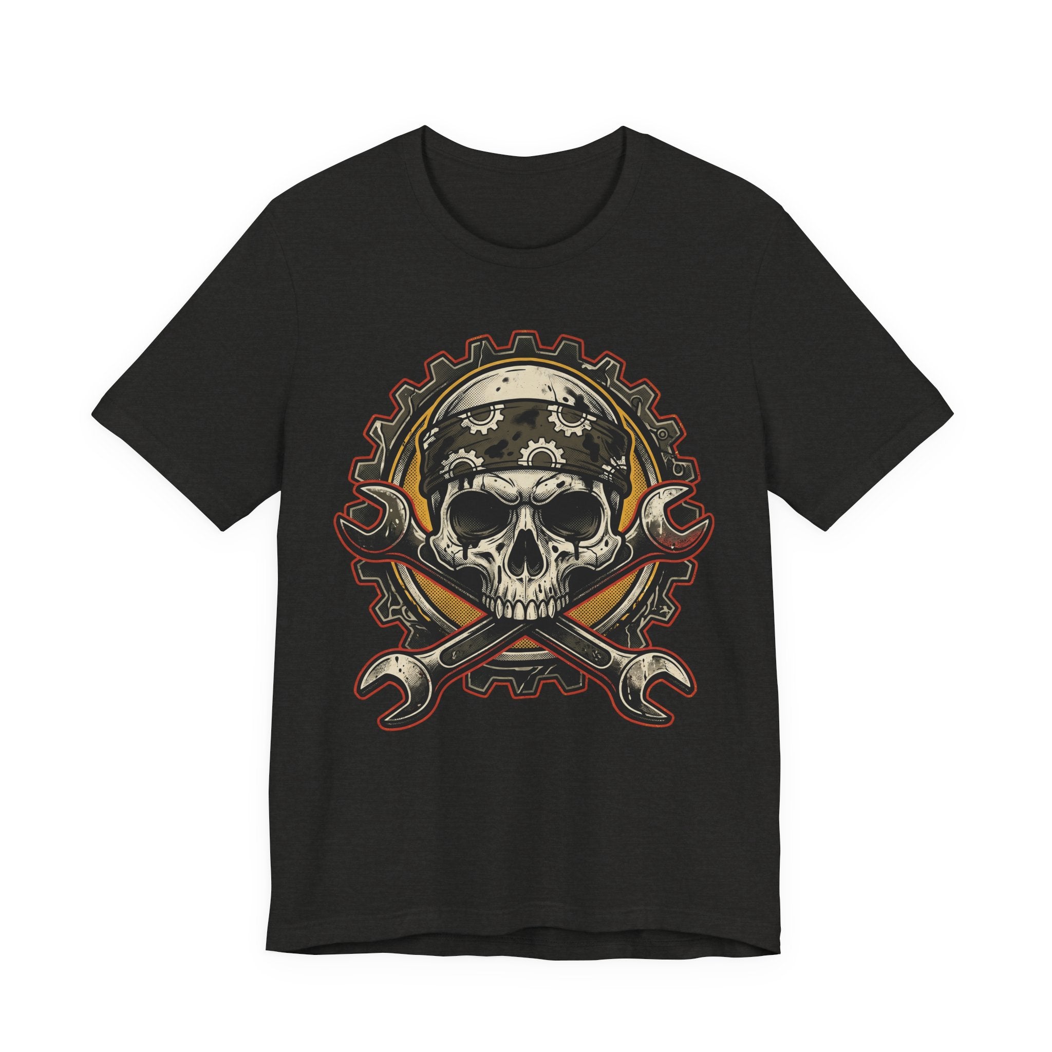 Schwarzes T-Shirt mit Biker-Schädel-Graphic und gekreuzten Schraubenschlüsseln vorn