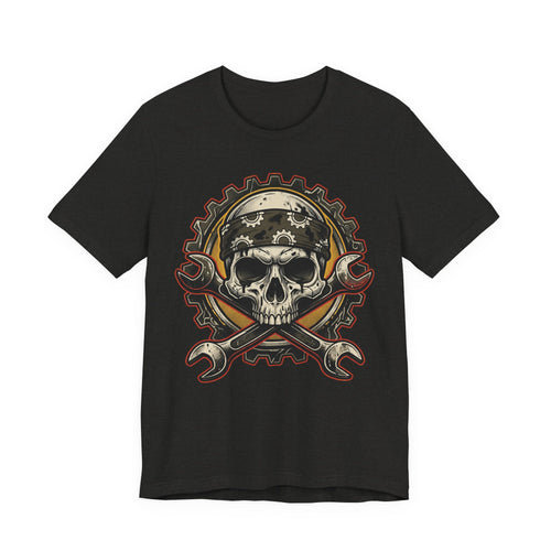 Schwarzes T-Shirt mit Biker-Schädel-Graphic und gekreuzten Schraubenschlüsseln vorn