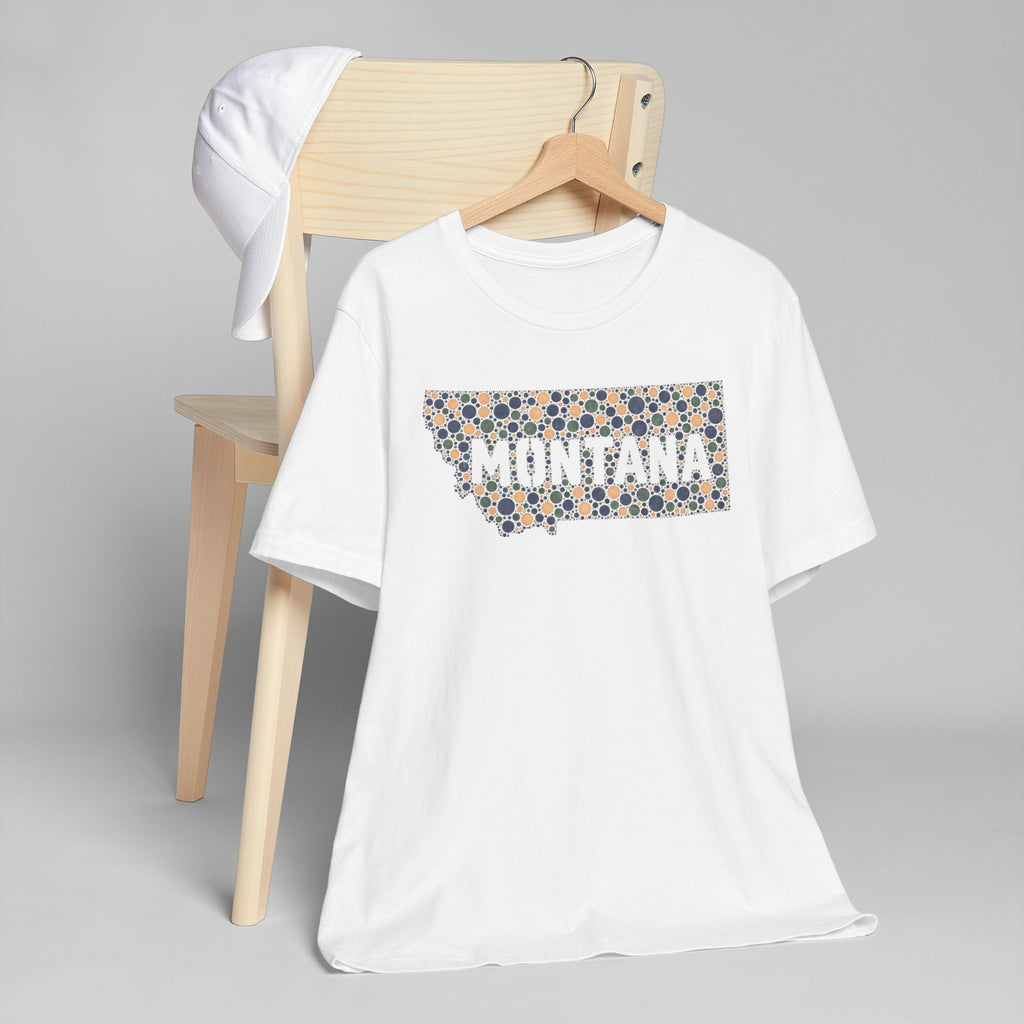 White crewneck T-shirt with colorful Montana outline graphic on the chest