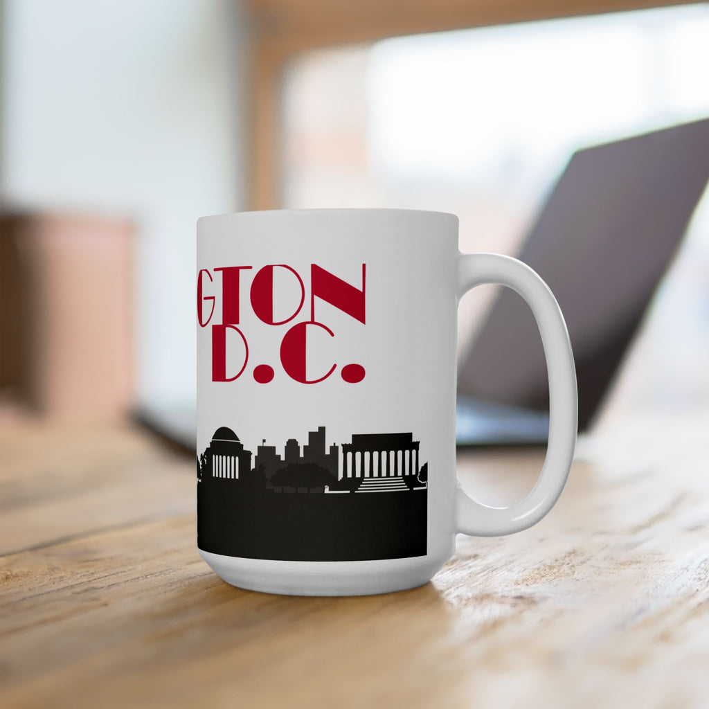 White ceramic mug with red 'GTOWN D.C.' text and black skyline silhouette