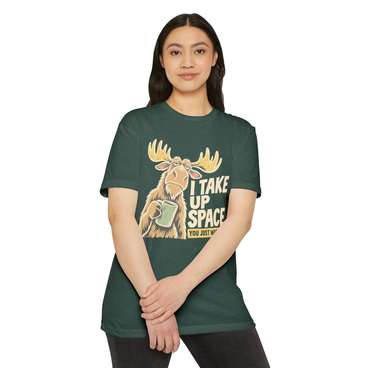 Dark green moose graphic T-shirt with space-themed text on the front