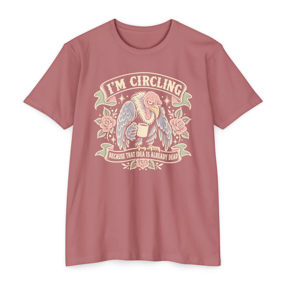 Pink graphic t-shirt with angel/vulture illustration and 'I'm circling' text