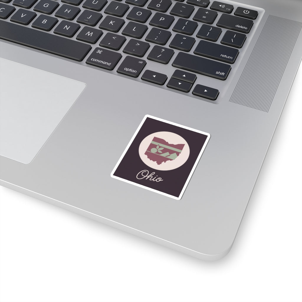 Ohio state silhouette kiss-cut decal, square design with floral mountain and 'Ohio' text