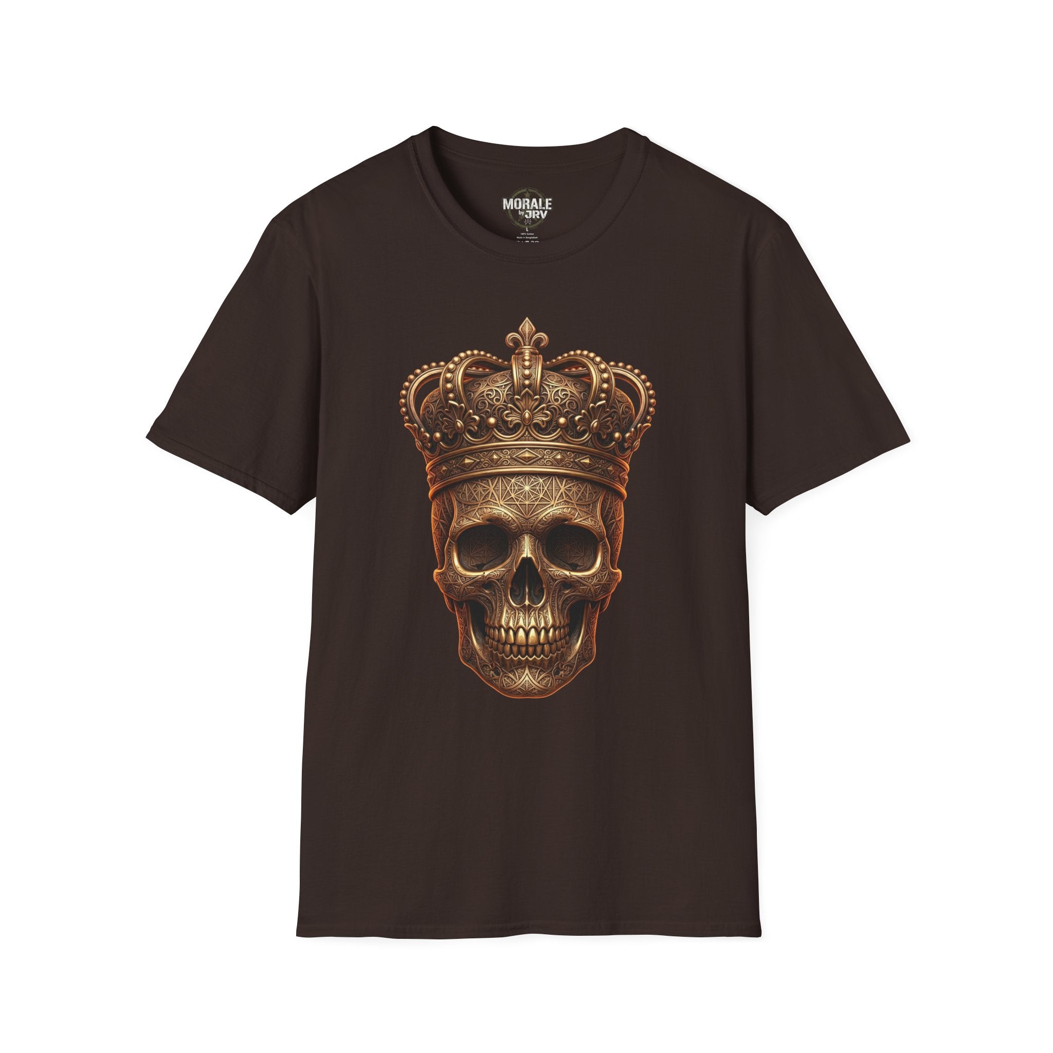 Dark chocolate gothic skull T-shirt with gold crown design