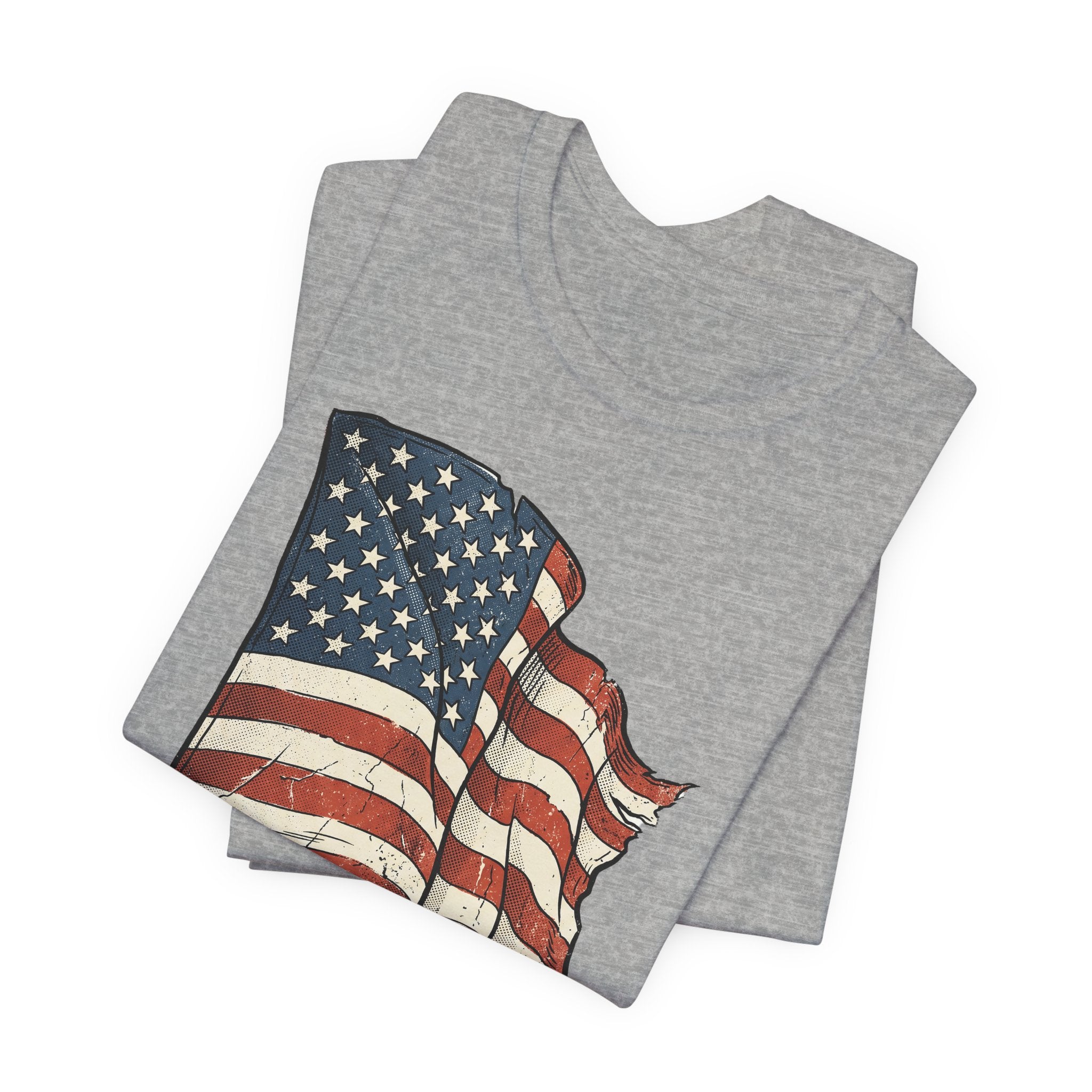 Dark gray crew-neck T-shirt with waving American flag graphic