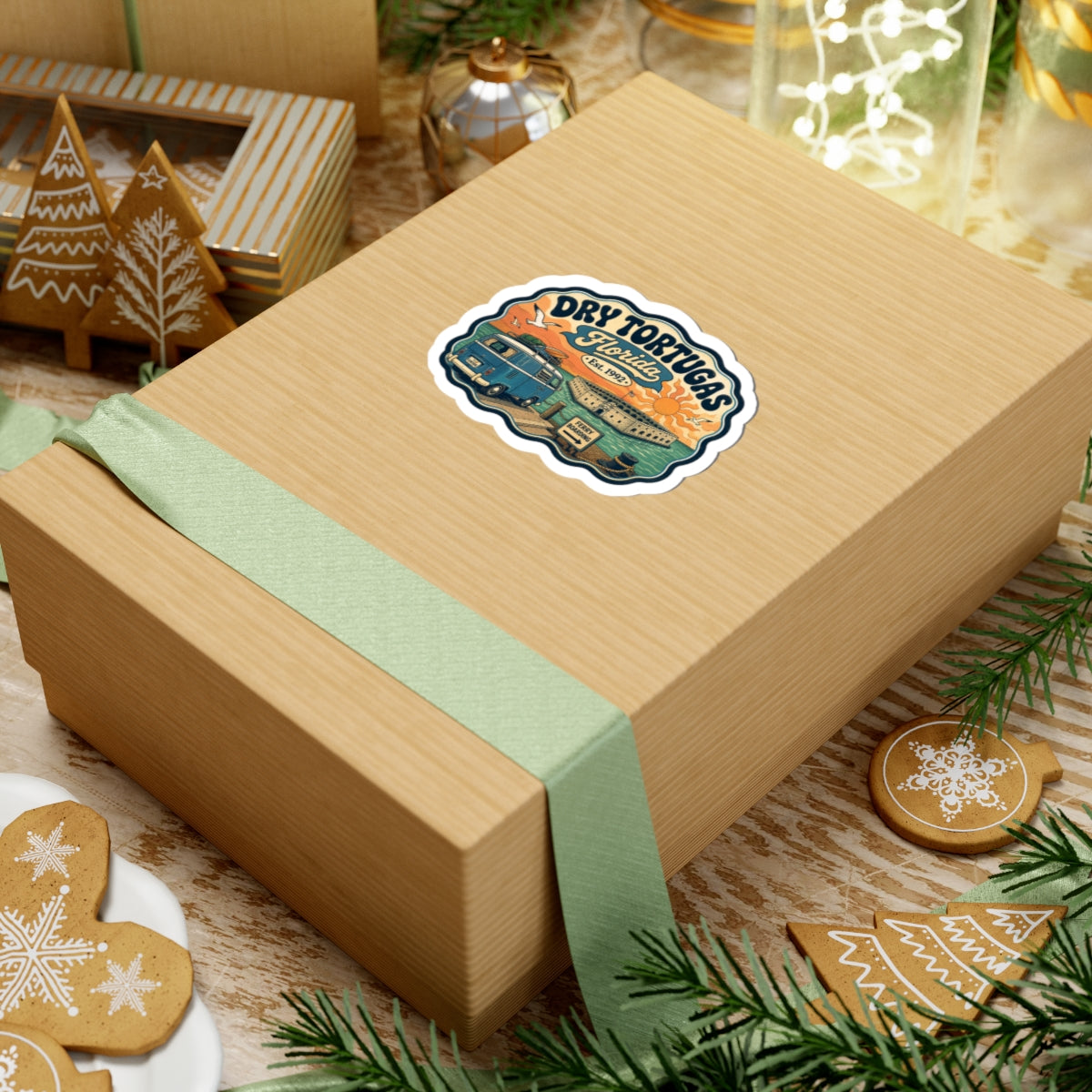 Dry Tortugas National Park sticker on gift box: teal van, fort building, ferry boarding sign