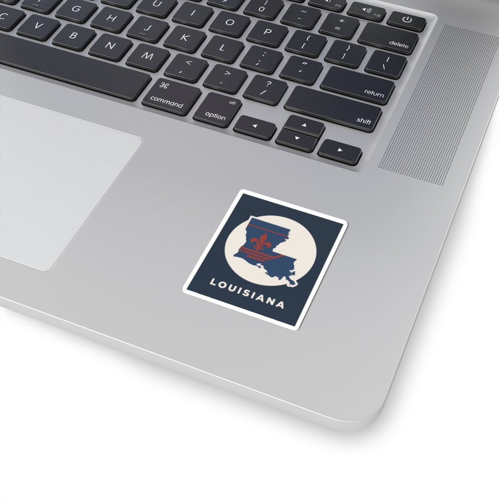 Louisiana kiss cut sticker with blue state map, red fleur-de-lis, LOUISIANA text