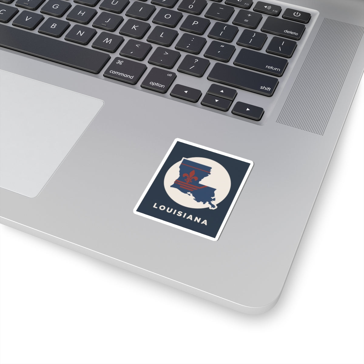 Louisiana kiss cut sticker with blue state map, red fleur-de-lis, LOUISIANA text