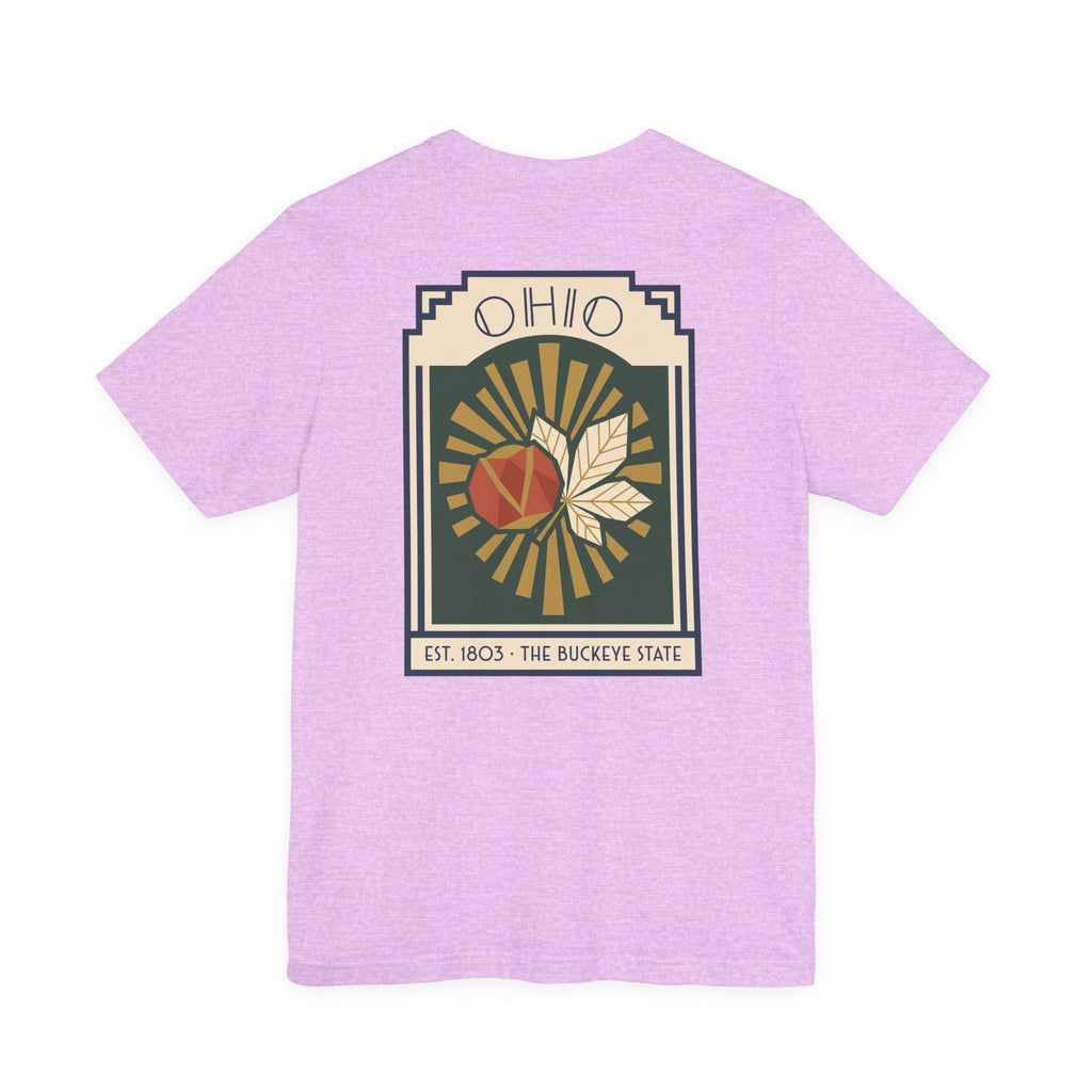 Lilac mauve T-shirt with Ohio sunburst art deco graphic front