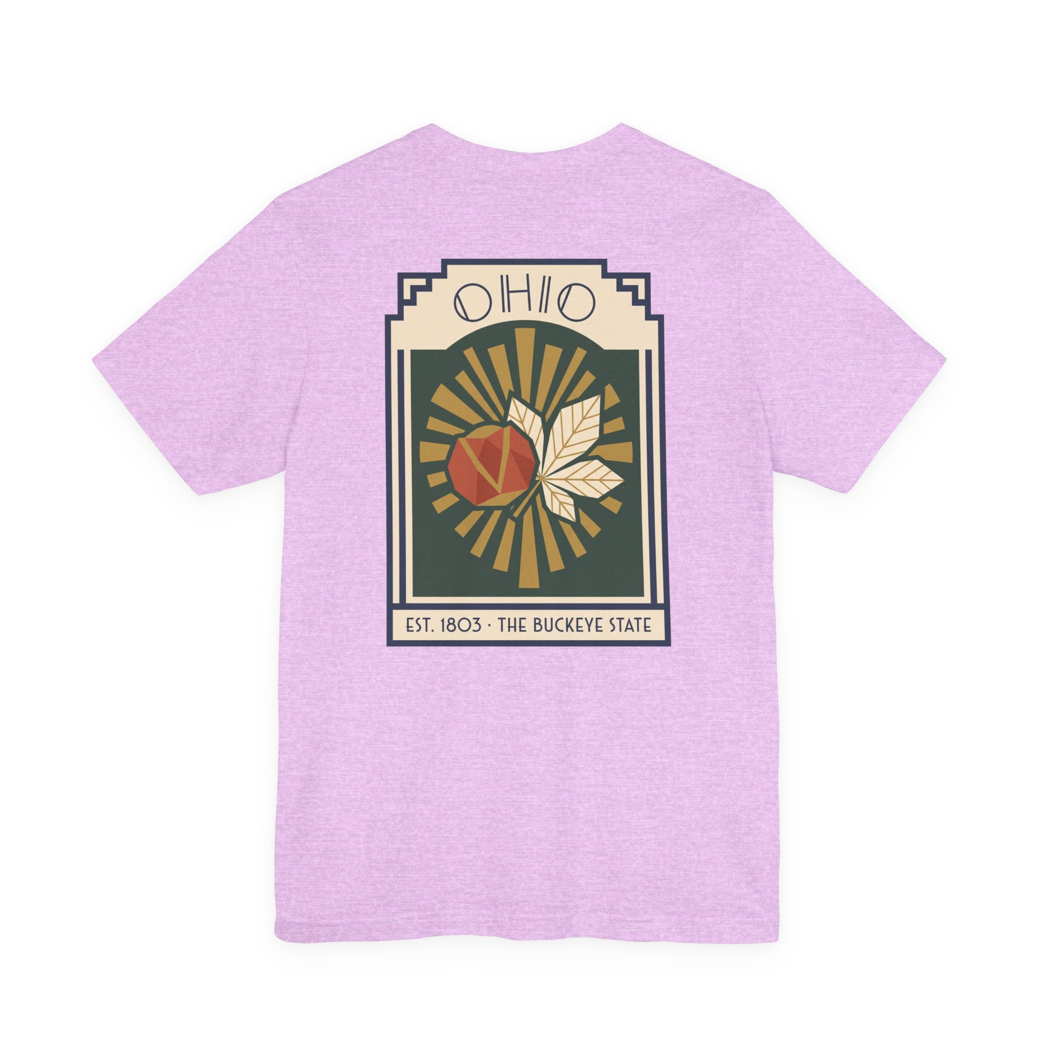 Lilac mauve T-shirt with Ohio sunburst art deco graphic front